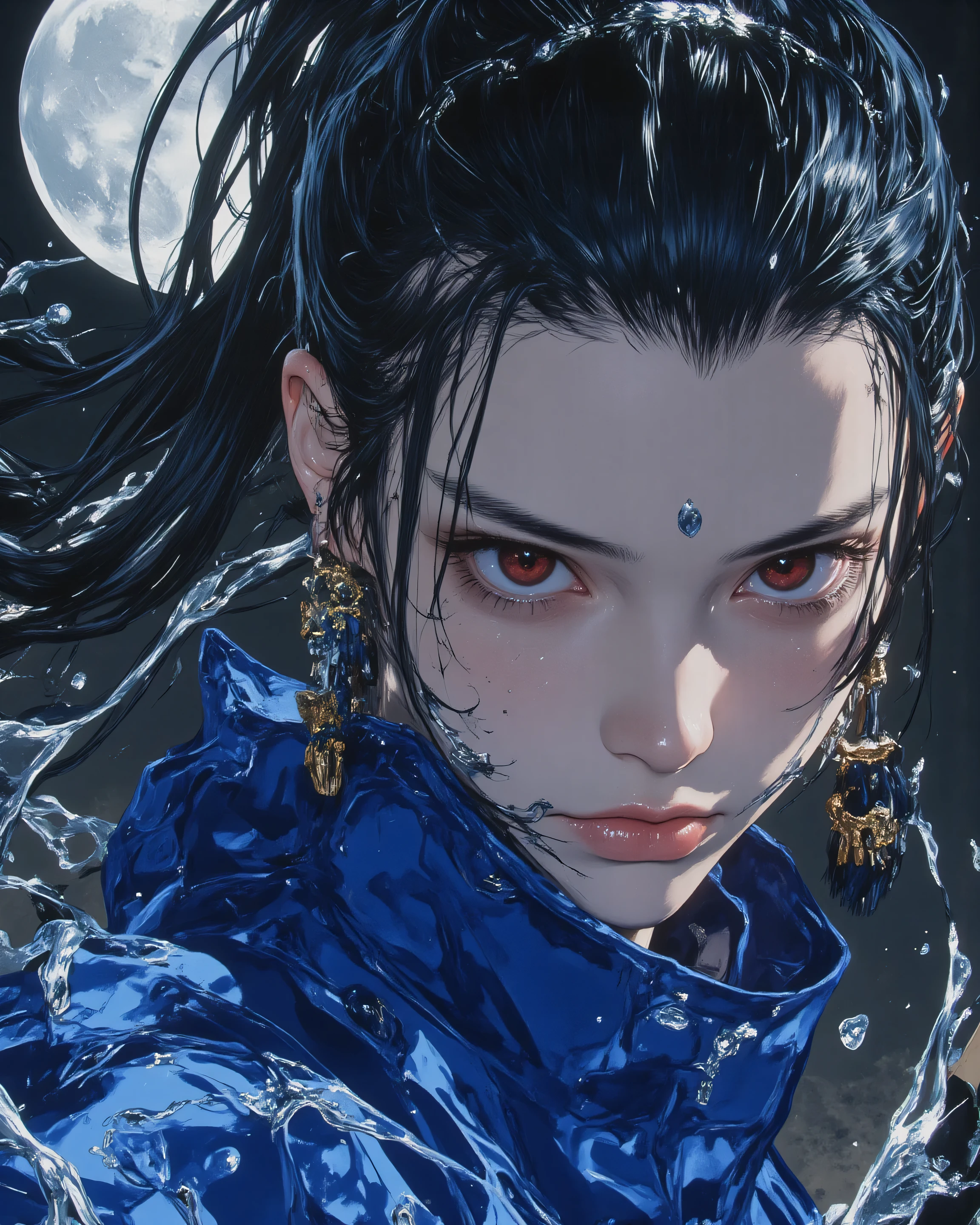 A hyper-detailed dynamic portrait of a fierce female samurai, 18-year-old onna-bugeisha with azure ki, long black ponytail whipping under sapphire moon, strands motion blur tangles, azure hairpin silver filigree, golden tassel fluttering, pale skin azure highlights cheekbones, rosy battle flushes, warrior build: taut deltoids veined forearms rippling obliques lunge legs coiling waves scarred hands gripping knuckles white.
Face mortal clash: crimson eyes fierce slits sapphire flecks lashes shadow furrowed brows veins flaring nose resolute grimace tension sharp zygomatics masseters sweat philtrum silver lip scar cerulean ki aura thrumming will.
Wields katana both hands overhead cleave jōdan-no-kamae azure fury—right hand clamp tsuka sapphire ito plaits left chudan grip tensed tendons aureate tsuba wave arabesques tamahagane iron blade cold iridescence—sapphire-iron flares hamon glacial veins humming edge micro-grooves patina shockwave lashing hair garments.
Attired azure regalia: cerulean kosode rippling waves sapphire crane embroidery kanji collars blue leather bracers elbows/thighs azure hakama surging swells lacquered greaves crimson obi diamond bow straining sleeves rolled azure dragon tattoos gradients scales blue zori splintering pebbles.
8K cinematic frozen descent mist bamboo grove harvest moon—culms bending blast fronds confetti dew sprays stone etched stance cerulean-silver rays canopy defiance silhouette chiaroscuro contours bokeh leaf shards blue motes focus eyes blade grip azure mists silver veined. Masterpiece ultra-detailed anime-fantasy Nomura Shinkawa intricate hair curls silk pleats dermal glow pore tension iron refractions bamboo splits gravel glints parallax mist lunar flares palette ceruleans azures silvers crimson gaze aureate sparks no artifacts samurai azure spirit.