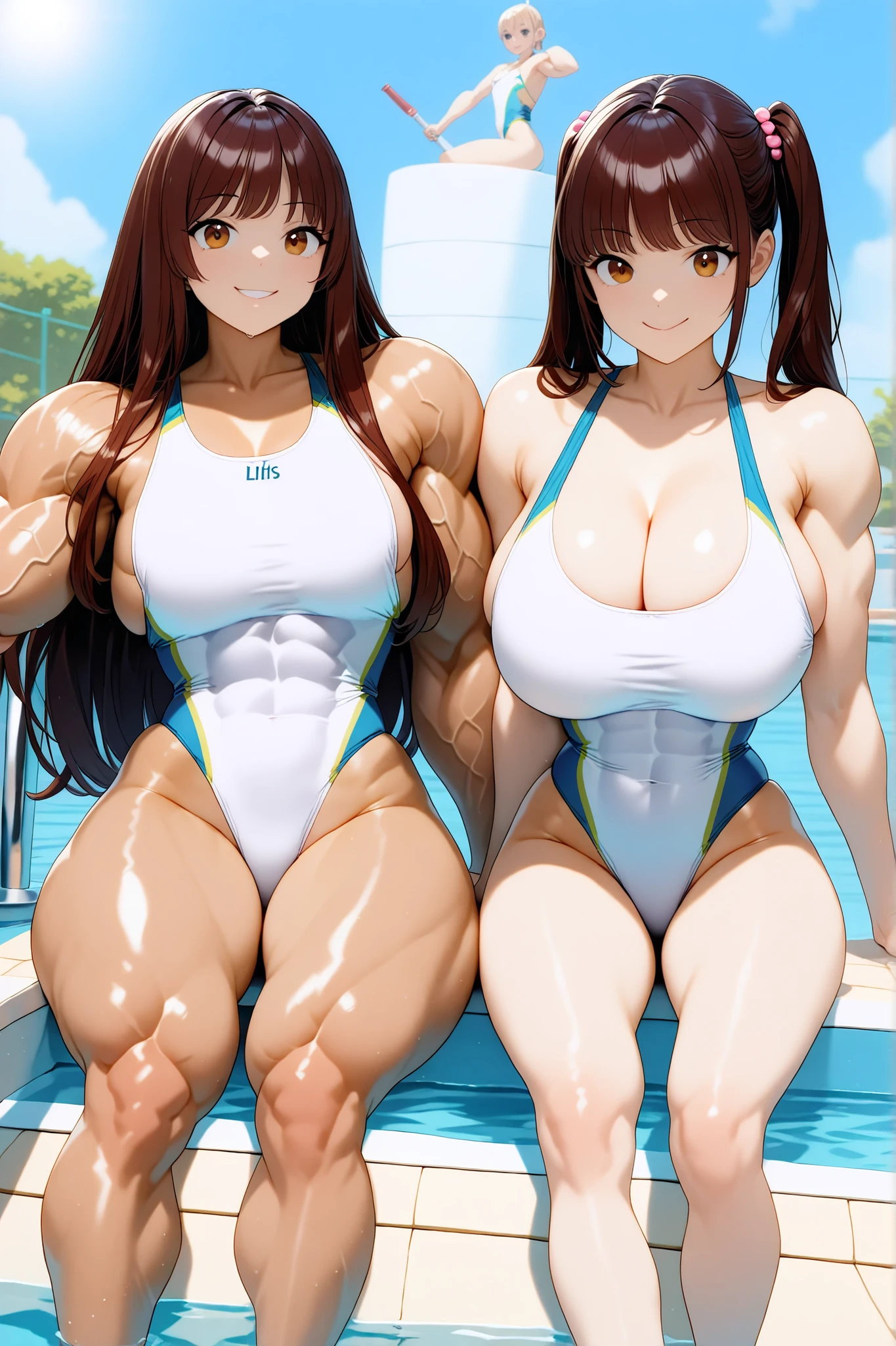 score_9, score_8_up , score_7_up , just describe what you want, tag1, tag2,official art, official style,anime capture, anime coloring, anime screenshot, game cg,illustration, necömi style,(masterpiece:1.5),(most detailed:1.5), (high resolution:1.5), (best quality:1.5),(perfect anatomy:1.5), (4K:1.3),(2 girls:1.3),(dynamic posing:1.5),(Various poses:1.5) , (Lala is flat chest on the left:1.5),(Lily is on the right:1.5),(mizuno competition swimsuit:1.5), both have brown hair:1.5, brown eyes,beautiful girl:1.3,(Lala is flat chest:1.5 and flat chest and flat chest and barrel-shaped body and big body:1.3 and cylindrical body type:1.5 and muscular and brawny and beefy and toned body and abs and Wide shoulders and wide chest and wide torso : 1.5),
(Lily is a huge breasts and boob and cleavage and glamorous and voluptuous and with natural bangs: 1.5) ,( pool,sunshine :1.5 ),smile:1.3,(sitting:1.5),(from below:1.7),(from side:1.7)