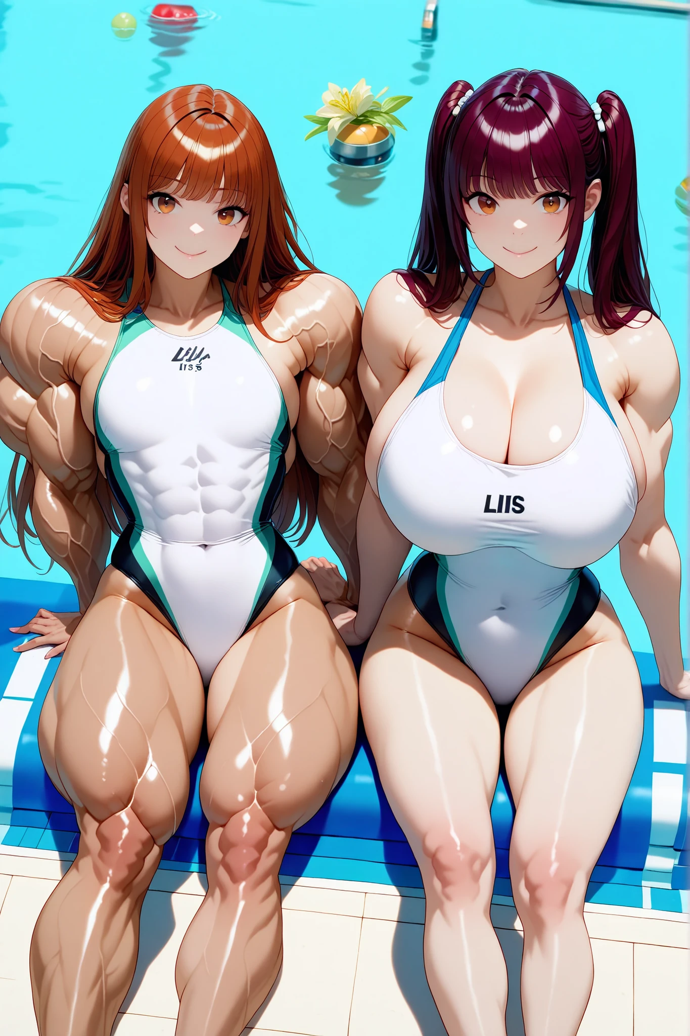 score_9, score_8_up , score_7_up , just describe what you want, tag1, tag2,official art, official style,anime capture, anime coloring, anime screenshot, game cg,illustration, necömi style,(masterpiece:1.5),(most detailed:1.5), (high resolution:1.5), (best quality:1.5),(perfect anatomy:1.5), (4K:1.3),(2 girls:1.3),(dynamic posing:1.5),(Various poses:1.5) , (Lala is flat chest on the left:1.5),(Lily is on the right:1.5),(mizuno competition swimsuit:1.5), both have brown hair:1.5, brown eyes,beautiful girl:1.3,(Lala is flat chest:1.5 and flat chest and flat chest and barrel-shaped body and big body:1.3 and cylindrical body type:1.5 and muscular and brawny and beefy and toned body and abs and Wide shoulders and wide chest and wide torso : 1.5),
(Lily is a huge breasts and boob and cleavage and glamorous and voluptuous and with natural bangs: 1.5) ,( pool,sunshine :1.5 ),smile:1.3,(sitting:1.5),(from below:1.7),(from side:1.7)