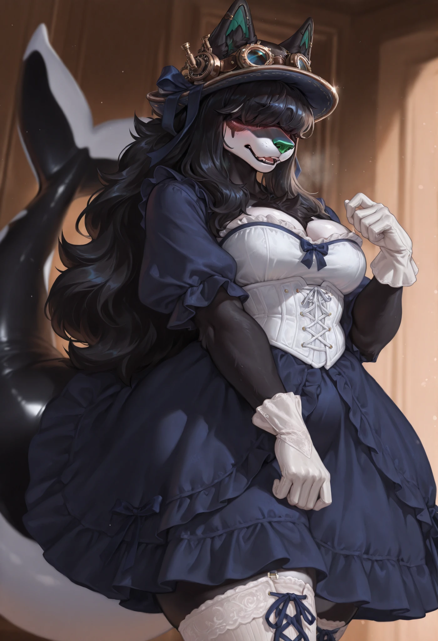 best quality, masterpiece \(quality\), year2024, year2023, 1girl, by riolutiny, solo, anthropomorphic_only, ((orca dog)), ((orca fur)), ((black hair)), (puppy ears), ((fluffy long hair, fluffy ponytail, bangs over eyes)), ((black_white_fur, orca fur, black face markings)), simple background, hyperhandles, ((green nose)), (embarrassed expression, nervous, shy, blushing, mouth open), ((fluffy orca tail, big tail)), strong arms, L0LSPL4SH, , milf, chubby, small , thick thighs, (chubby), ((standing, cowboy shot)), looking at viewer, ((navy blue lolita dress)), ((dark blue ribbons)), ((white corset, long white gloves, laces)), ((black steampunk wolf hat)), victorian era dress, ((anthro, furry, orca dog)), dynamic angle, side view, white stockings, (open cleavage, fur)