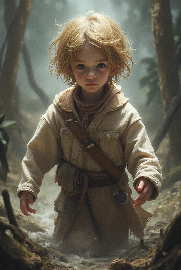 1 human boy, dull blonde, Blue-eyed, 1.70m high. tanned skin. Wears shaman apprentice attire. With tribal hat with violet feather. He uses a druidic staff as a weapon and has a small falcon as a companion.