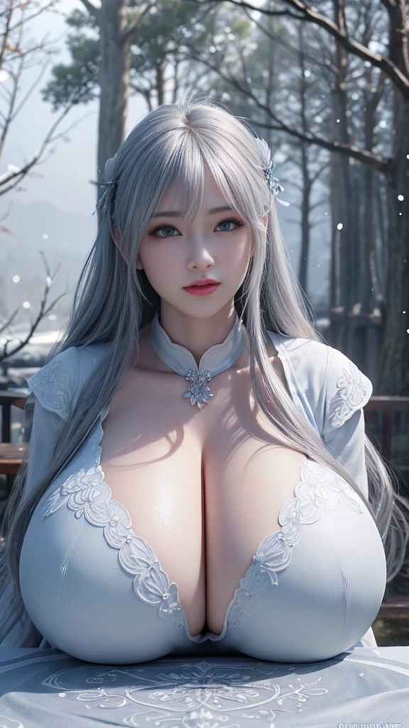 young teenage girl, 1 girl, solo, exquisite decoration, necklace, earrings, jewelry, full body v6, ((bangs, long hair, multicolored hair, gradient hair, two-tone hair, silver hair, pink hair, blue hair:1.2)), obvious cleavage, ((((((Huge breasts beyond imagination))))), visible, stunning, ultra high resolution, soft rich breasts, RAW photo, realism: 1.25), (pale colored lip gloss, long eyelashes, clear double eyes, smooth face, happy face, bright skin, natural shadows, wide light, wide light, depth of field, strong colors, subtle caustics: 0.8), outdoor, cloudy sky, riverside scenery, (hyper detailed, masterpiece, best quality, ultra detailed, high res)