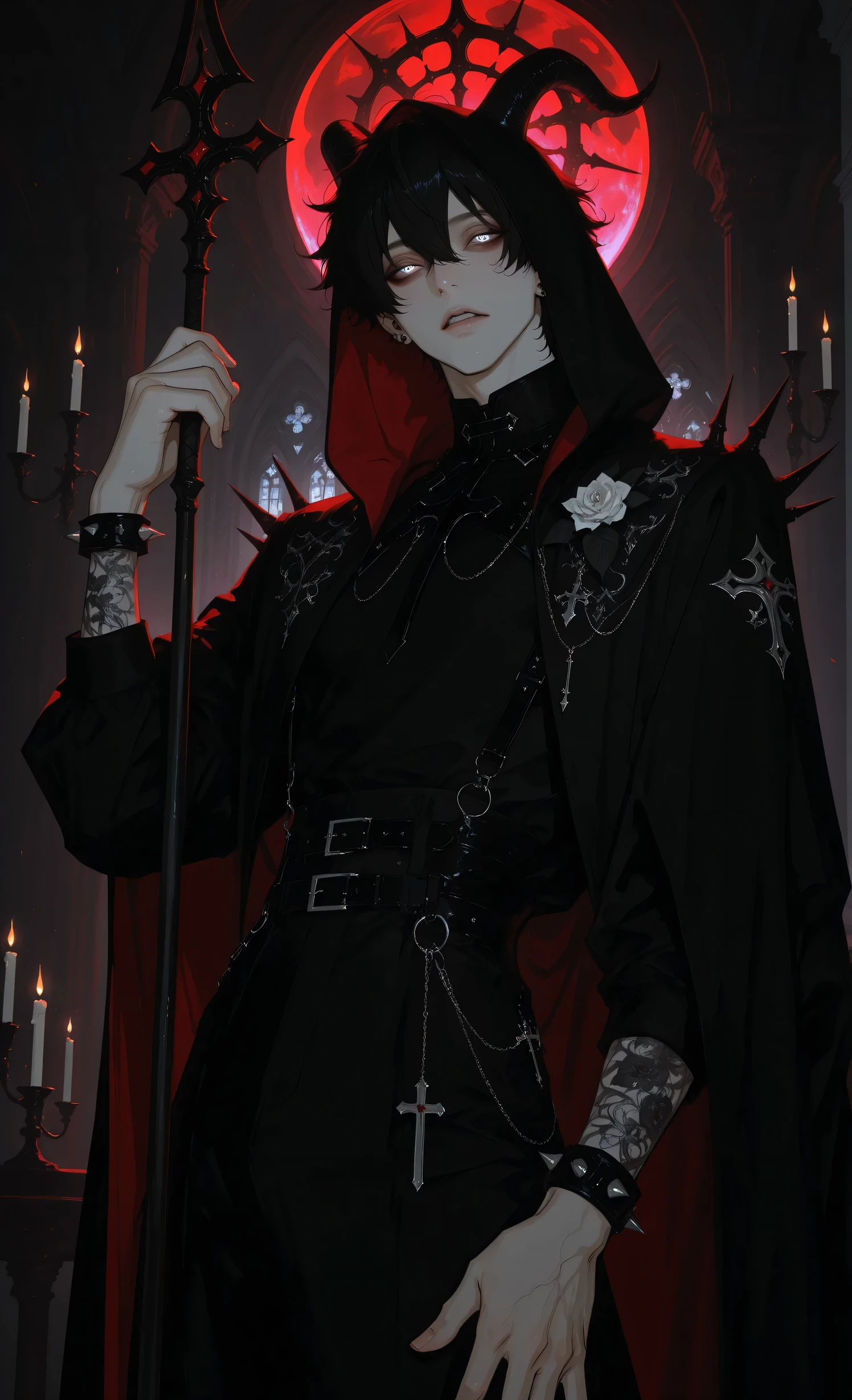 masterpiece, best quality, ultra-detailed:1.4, 8k, gothic parade, dramatic atmosphere, cinematic lighting,
1man, male, solo, medium shot, waist-up portrait, three-quarters view,
androgynous beauty, pale porcelain skin,
wearing full-face intricate silver mask with narrow eye slits,
long flowing black cloak with embroidered celestial patterns and silver constellations,
elaborate black and crimson victorian military coat with gold filigree embroidery,
tattered lace cuffs, silk cravat,
holding raised staff that glows with intense purple energy, silver-tipped cane in other hand,
black rose pinned to lapel, ghostly pale hands,
leading mystical procession, followers in hooded robes visible in background,
floating candles, swirling mist, night sky with full moon,
gothic architecture, dramatic shadows, dark romanticism, character design