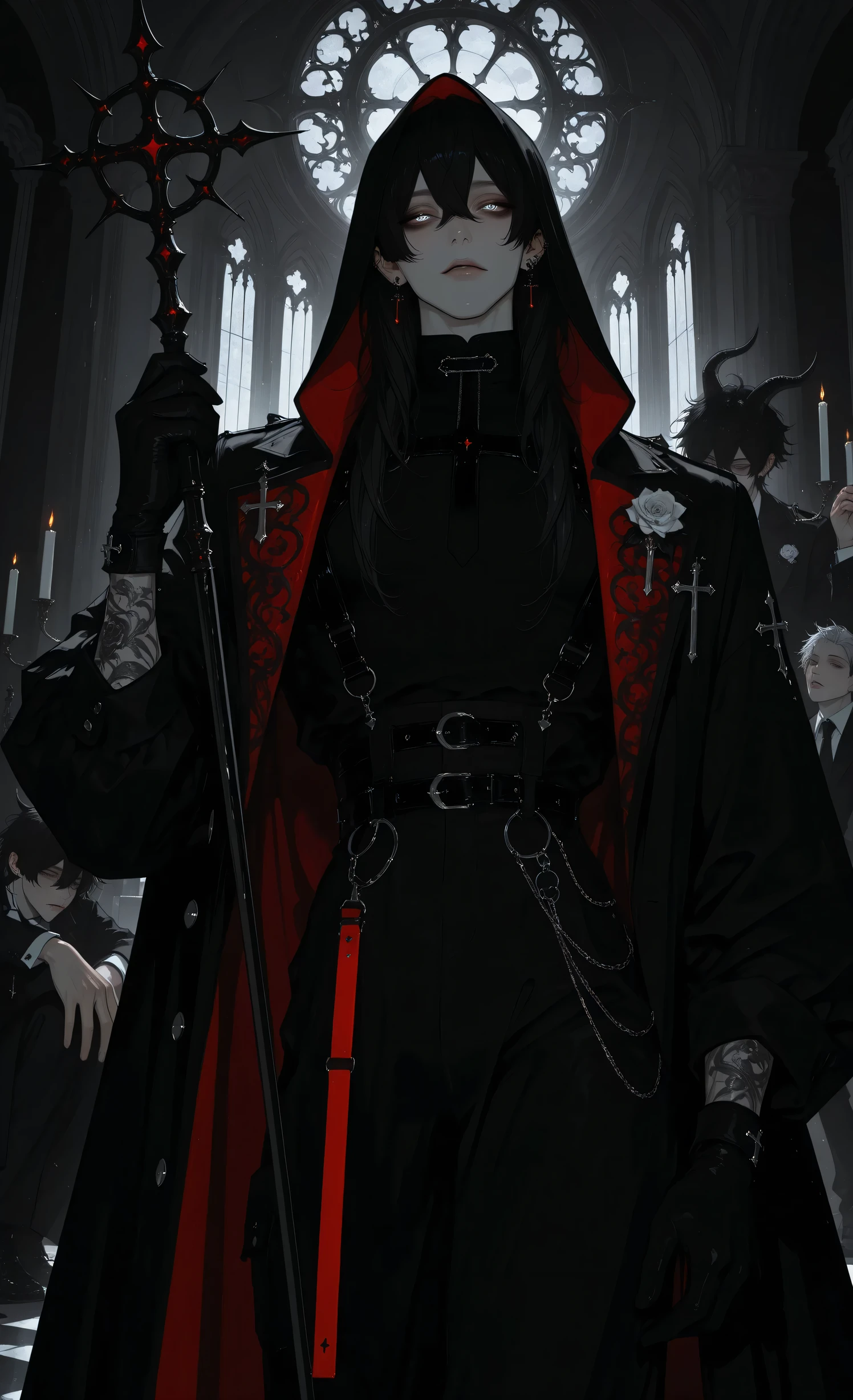 masterpiece, best quality, ultra-detailed:1.4, 8k, gothic parade, dramatic atmosphere, cinematic lighting,
1man, male, solo, medium shot, waist-up portrait, three-quarters view,
androgynous beauty, pale porcelain skin,
wearing full-face intricate silver mask with narrow eye slits,
long flowing black cloak with embroidered celestial patterns and silver constellations,
elaborate black and crimson victorian military coat with gold filigree embroidery,
tattered lace cuffs, silk cravat,
holding raised staff that glows with intense purple energy, silver-tipped cane in other hand,
black rose pinned to lapel, ghostly pale hands,
leading mystical procession, followers in hooded robes visible in background,
floating candles, swirling mist, night sky with full moon,
gothic architecture, dramatic shadows, dark romanticism, character design