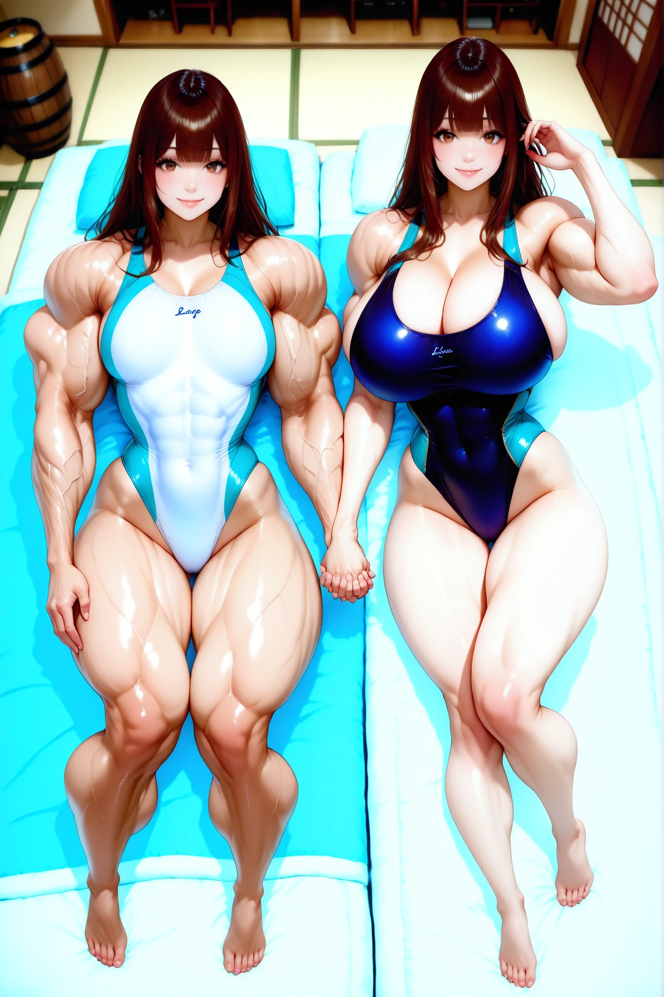 score_9, score_8_up , score_7_up , just describe what you want, tag1, tag2,official art, official style,anime capture, anime coloring, anime screenshot, game cg,illustration, necömi style,(masterpiece:1.5),(most detailed:1.5), (high resolution:1.5), (best quality:1.5),(perfect anatomy:1.5), (4K:1.3),(2 girls:1.3),(dynamic posing:1.5),(Various poses:1.5) , (Lala is flat chest on the left:1.5),(Lily is on the right:1.5),(mizuno competition swimsuit:1.5), both have brown hair:1.5, brown eyes,beautiful girl:1.3,(Lala is flat chest:1.5 and flat chest and flat chest and barrel-shaped body and big body and cylindrical body and muscular and brawny and beefy and toned body : 1.5),
(Lily is a huge breasts and boob and cleavage and glamorous and voluptuous and with natural bangs: 1.5) ,( japanese living room, tatami, futon, Shoji :1.5 ),smile:1.3,(on back:1.5),(Two people holding hands: 1.5)