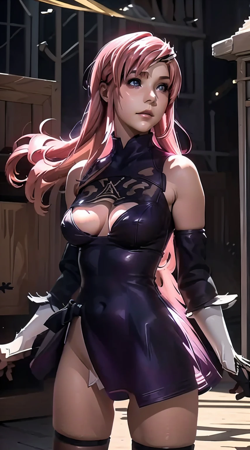 ((best quality)), ((masterpiece)), (detail:1.4), 3D,human development report（high dynamic range）,Ray tracing,NVIDIA RTX,super resolution,Unreal 5,subsurface scattering、PBR texture、post processing、Anisotropic filtering、depth of field、Maximum clarity and sharpness、multi-layer texture、Albedo and specular maps、surface coloring、Accurately simulate the interaction of light with materials、Perfect proportion、octane rendering、Dichroic light、Large aperture、Low ISO、white balance、rule of thirds、8K original、from below，teenager，Cats，Raised ????、obsessed、High、Beautiful waist、????????????? 、radiant skin、White skin、very long hair，pink hair，smooth hair，stand，looking at the audience，???????????，Thin leather deep V jumpsuit miniskirt，take off shoulders，clavicle，cleavage，skirt lift，from below，????? peek，Proud，court