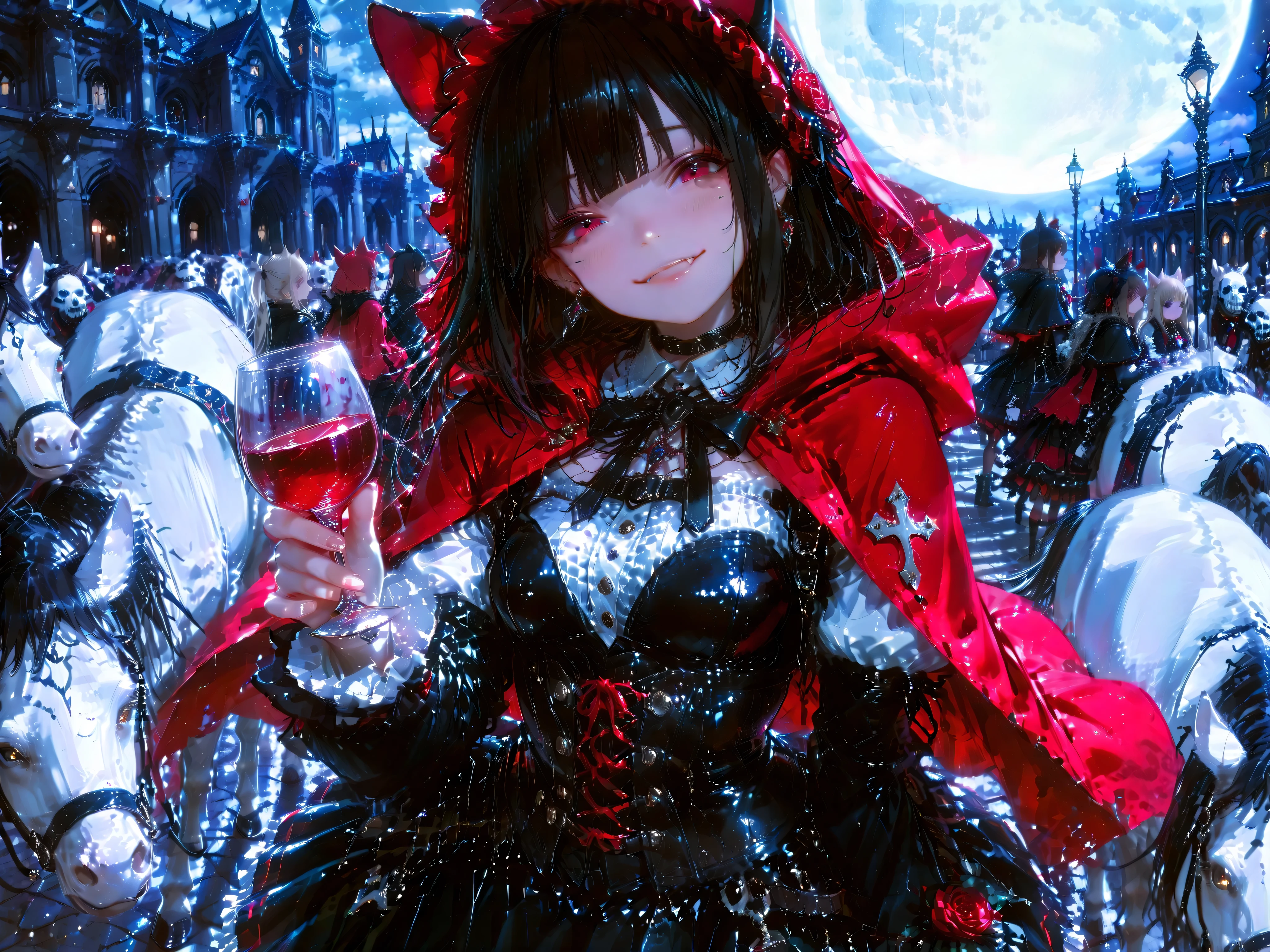 overview:dramatic scene of the Lolita Gothic Parade;Quality:masterpiece、最高Quality、ultra high definition、Ultra High Definition、super detailed、(masterpiece, detailed:1.2)、Realistic、8K;Technical effects:wide angle lens、Deep Depth of Field、Full Moon Moonlight、High Key;composition:high angle,対角線composition;Background:parade on a dim street corner with gothic architecture;subject:multiple Lolita、dark haired、vampires walking with their squire while drinking red wine、turn around、offers red wine to the audience in front of the screen、smile、Vampire's Cute Fangs、豊かなsubjectのポーズ、Detailed adjustments:各subjectの特徴を以下を参考に活かす、/(frills、race、corset、cape、Gothic elements such as heavy panniers/)、/(silk、velvet、Textures such as leather/)、/(Rose、Bats、Spiderweb、candlestick、 Cross 、gothic motifs such as feathers/)、/(Multiple followers and spectators such as shadows and skeletons of horse-drawn carriages, horses, dolls, etc.、金管楽器の演奏やRose吹雪が舞うなどのパレードの雰囲気/)、Parade participants walk in one direction、The audience keeps a little distance from the parade participants、The overall atmosphere is mysterious, romantic, and with Lolita elements
