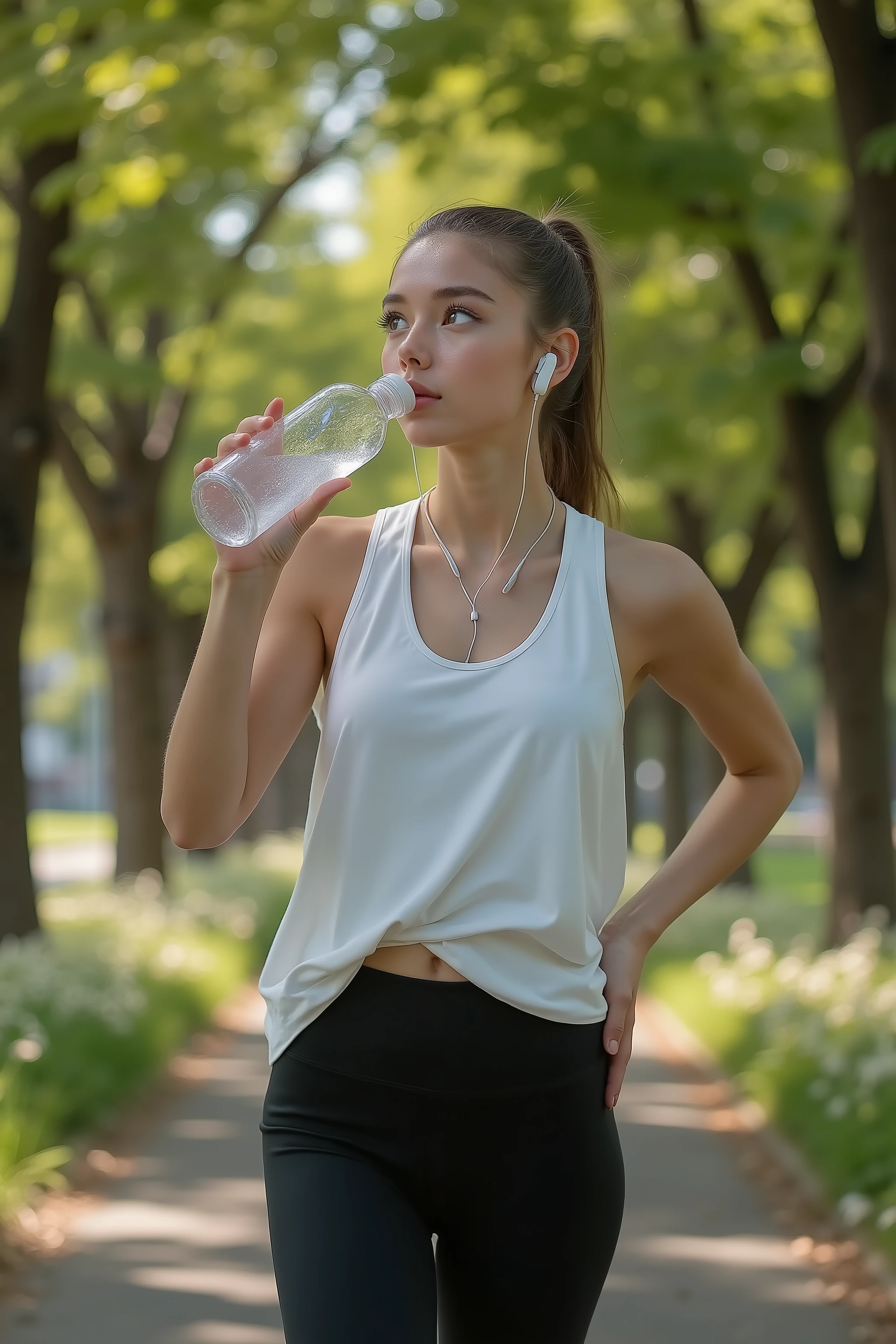 A sweaty young athletic woman with a curvaceous figure and slightly large breasts, standing on a serene park walking path lined with tall green trees and blooming flowers, just finished jogging, wearing a loose oversized white tank top that clings slightly to her skin, tight black leggings, wireless earbuds headphones around her neck, holding a clear plastic water bottle up to her lips as if about to take a refreshing sip, beads of sweat on her forehead, natural sunlight filtering through the leaves, photorealistic style, ultra high detail, realistic textures, 8k resolution, natural lighting, dynamic pose.