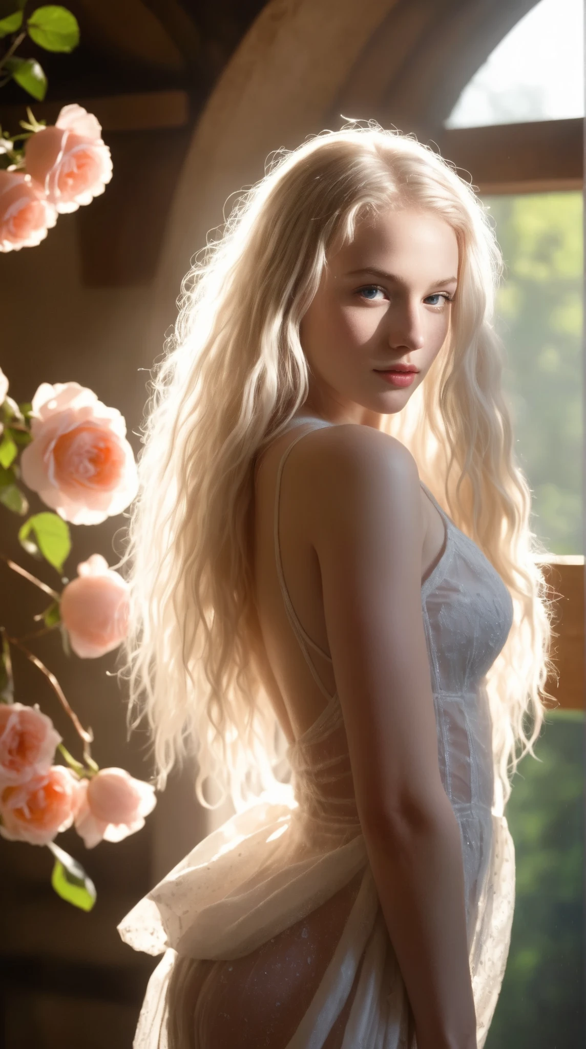 exposed buttocks and vagina)))A beautiful young Irish woman with long platinum blonde dreadlocks. Your skin, of an ethereal porcelain shade, white as snow, almost radiant , she wears naturally pink cheeks and delicate freckles scattered across her nose and the top of her cheekbones. Her striking blue eyes contrast vividly with her pale skin, and her fleshy lips, slightly ajar, add a soft and captivating charm to her expression. looking at the camera, ballerina, mostrando su rear, in profile, sweaty panties, wet and messy, piel pecosa y sweaty, long sweaty blond hair, showing her dress , ducha backlit, unbuttoning, Sun rays, petals falling, roses, rear, fog, Hoar, sweaty, dripping, Chica guapa, boy in modest clothes, rose petals, pretty face, illuminated by the sun, in the attic, covered with flowers and petals, Divine Rays, cozy, wet skin, morning dew, backlit, brumosa, Golden hour, Morning light , erotic atmosphere, alone, field, shy, Masterpiece, Top quality, ultra detailed, alone, humo, shadows, contrast, foreground, cinematic light, iluminación lateral, ultra high resolution, best shade, RAW, 4k, sexy, neckline, David Hamilton style. ((rear y pechos pequeños))(((