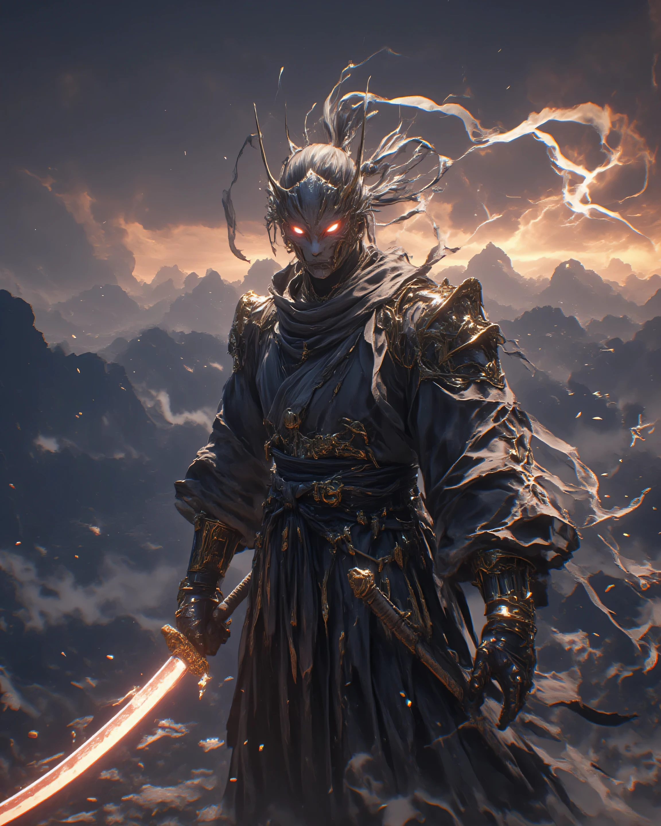 A Samurai,Holding an Amazing Japanese Sword in One Hand。Samurai's Serious Expression,Body Movement Smooth and Powerful,Metal Weapons Shining Under the Sun,Large Battlefield Scenery in the Distance,Dark Clouds,((Incredibly Powerful、Spirit))Battle Drums Long Lang,masterpiece,4K,Super Detailed,realistic,Physical Bass Rendering,professional,bright color,Dramatic Lighting,Intense atmosphere,Epic Scale,Dynamic Composition,Cinematic Color Grading