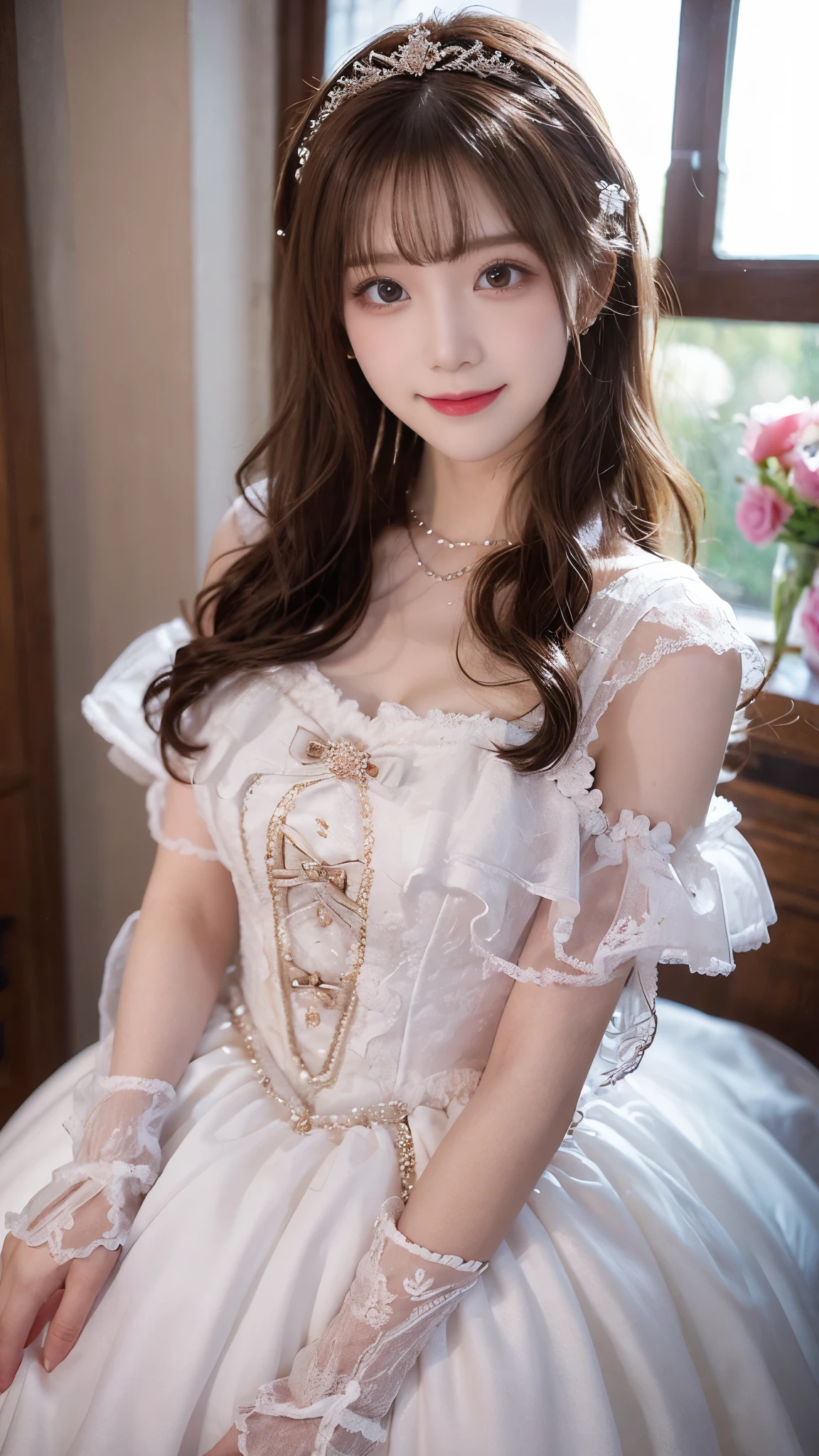 (),  stylish Swedish model, only 1 female, ((doll-like appearance)), short Auburn stylish hair, ((shiny Victorian-Style boots)), (big smile), ultra detailed eyes, vivid eye makeup, lipgloss, long lashes, defined eyebrows, (( Paradise Kiss cosplay)), bell-shaped skirt, petticoats, high neckline, puffed sleeves, ((ultra detailed lace)), ((ultra detailed embroidery)), intricate details, Paradise Kiss accessoires and matching headpiece, choker, ((large sparkling Paradise Kiss jewelry)), cinematic light, detailed large park background with trees