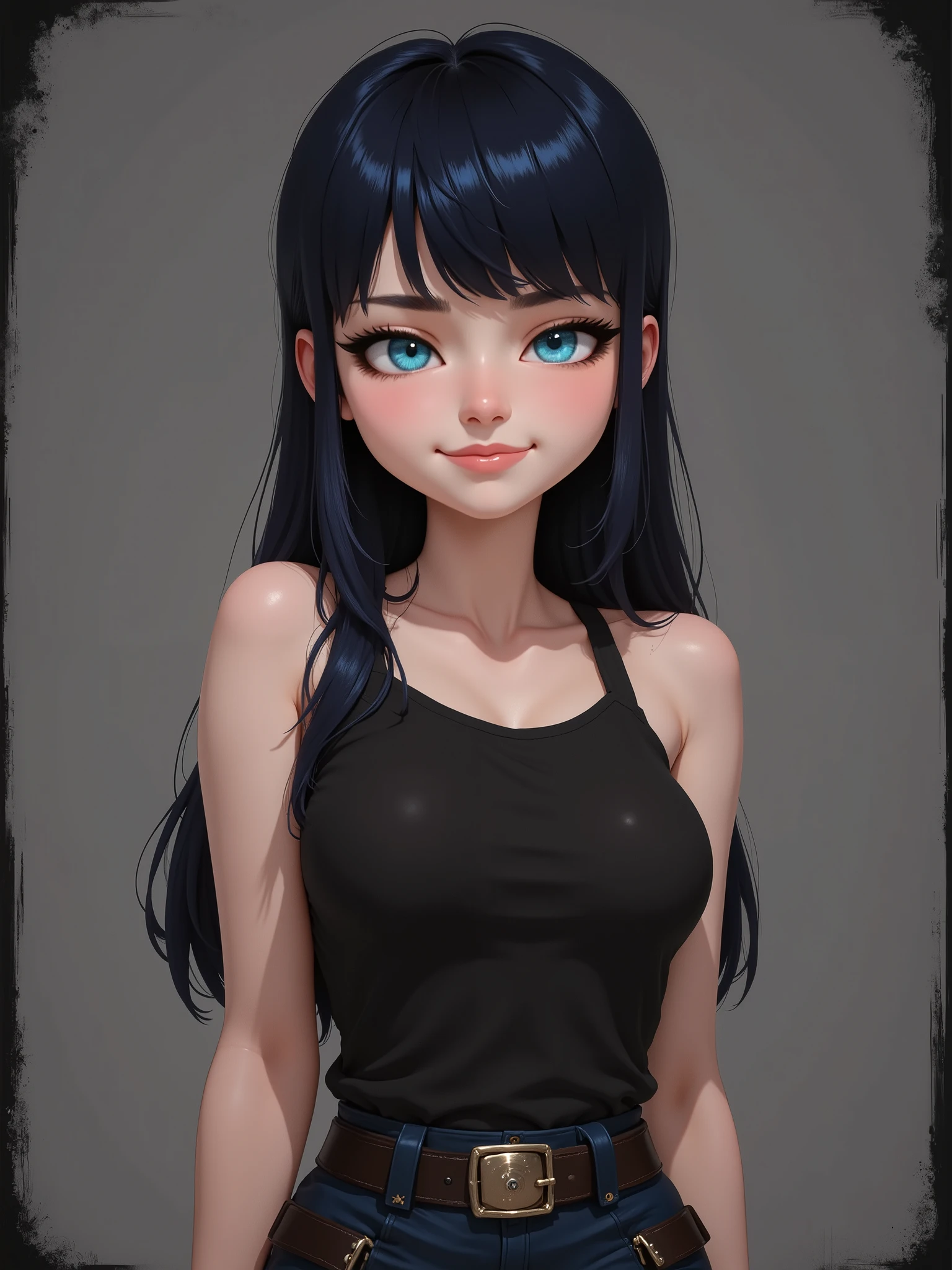 marinette Dopanchan, A very beautiful and cute 22 year old woman with a slight smile. (((Shy smile))), sharp focus on the face, (((Western eyes:1.5))), (((Extremely detailed ice-blue eyes, beautiful eyes, beautifully detailed eyes))), (((delicately detailed thin pink lips))), (((long hair, shiny hair))), (((black medieval steampunk style sleeveless t-shirt))), (((Dark Blue medieval steampunk style leather warrior pants))), (((full body view, dynamic pose, standing:1.5, graceful pose))), (((The background is Dark Gray and painted with expressive, visible textures using dynamic brushstrokes and strokes that add depth and movement. The paint covers only the area just behind the subject. The outer edges of the image with black margins, as if the background had been painted with a brush and with expressive and visible textures using dynamic brushstrokes and strokes fading toward the edges creating a modern and artistic vignette effect))). Cinematic lighting, soft depth of field, (((masterpiece/high resolution/Best Quality/top quality/high quality/UHD/16k quality))), sharp focus, no blur, film grain, bokeh.