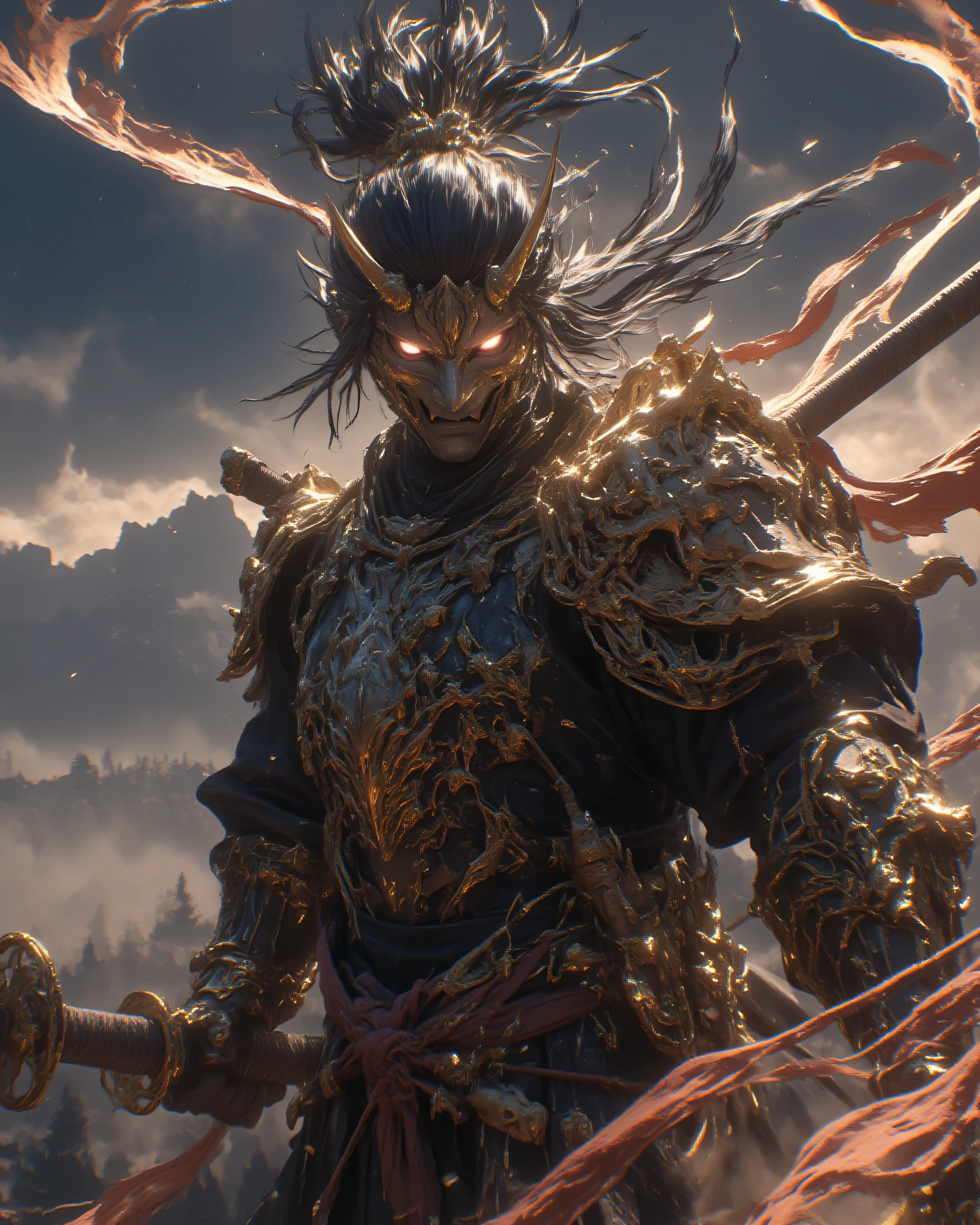 a samurai,holding a wonderful Japanese sword in one hand。Samurai's Serious Expression,smooth and powerful body movements,Armor Shining in the Sun、large battlefield scenery in the distance,dark cloud,((Incredibly Powerful、Spirit))Battle drum long run,masterpiece,4K,very detailed,realistic,physical based rendering,professional,bright color,Dramatic Lighting,Intense atmosphere,Epic Scale,Dynamic Composition,Cinematic Color Grading