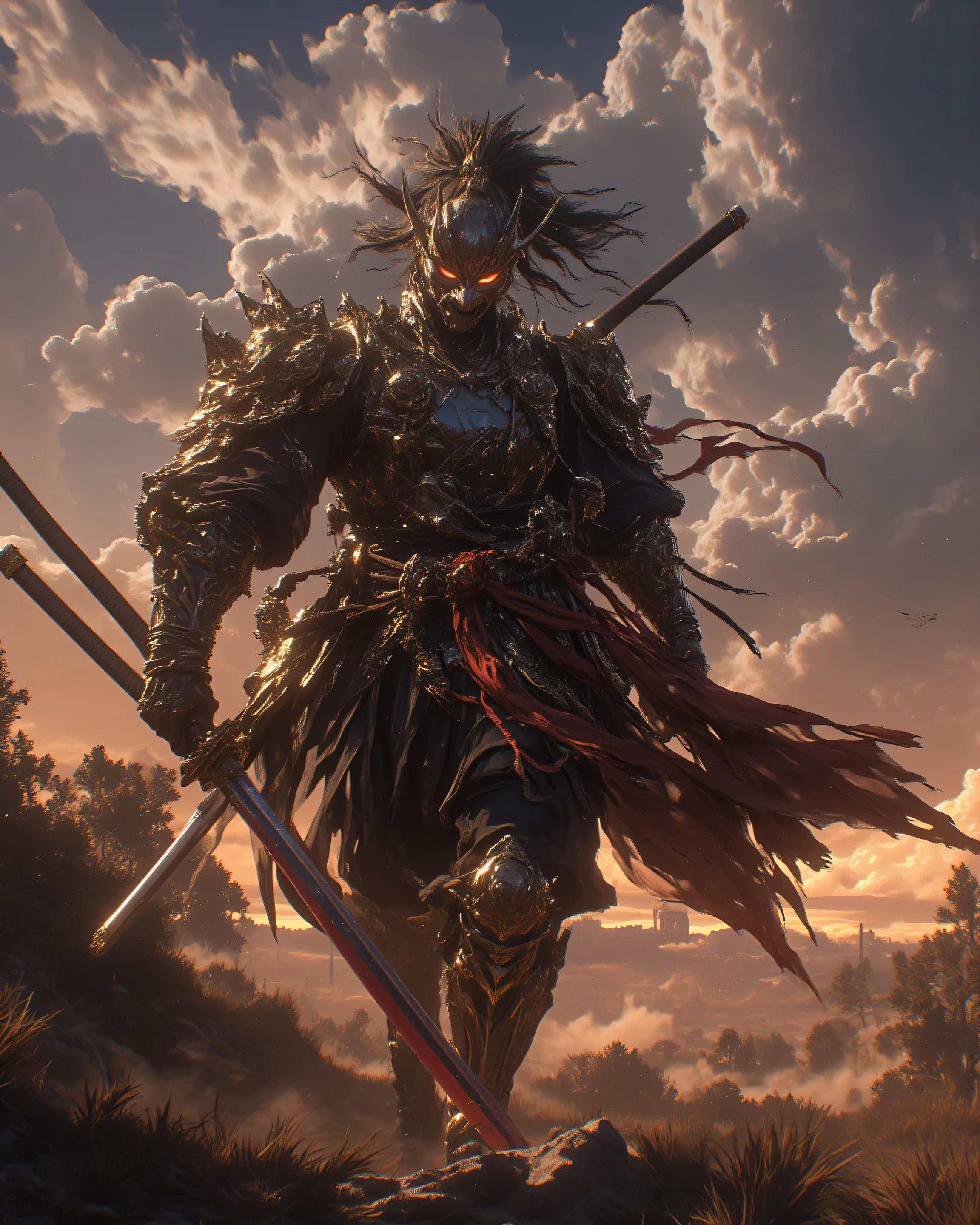 a samurai,holding a wonderful Japanese sword in one hand。Samurai's Serious Expression,smooth and powerful body movements,Armor Shining in the Sun、large battlefield scenery in the distance,dark cloud,((Incredibly Powerful、Spirit))Battle drum long run,masterpiece,4K,very detailed,realistic,physical based rendering,professional,bright color,Dramatic Lighting,Intense atmosphere,Epic Scale,Dynamic Composition,Cinematic Color Grading