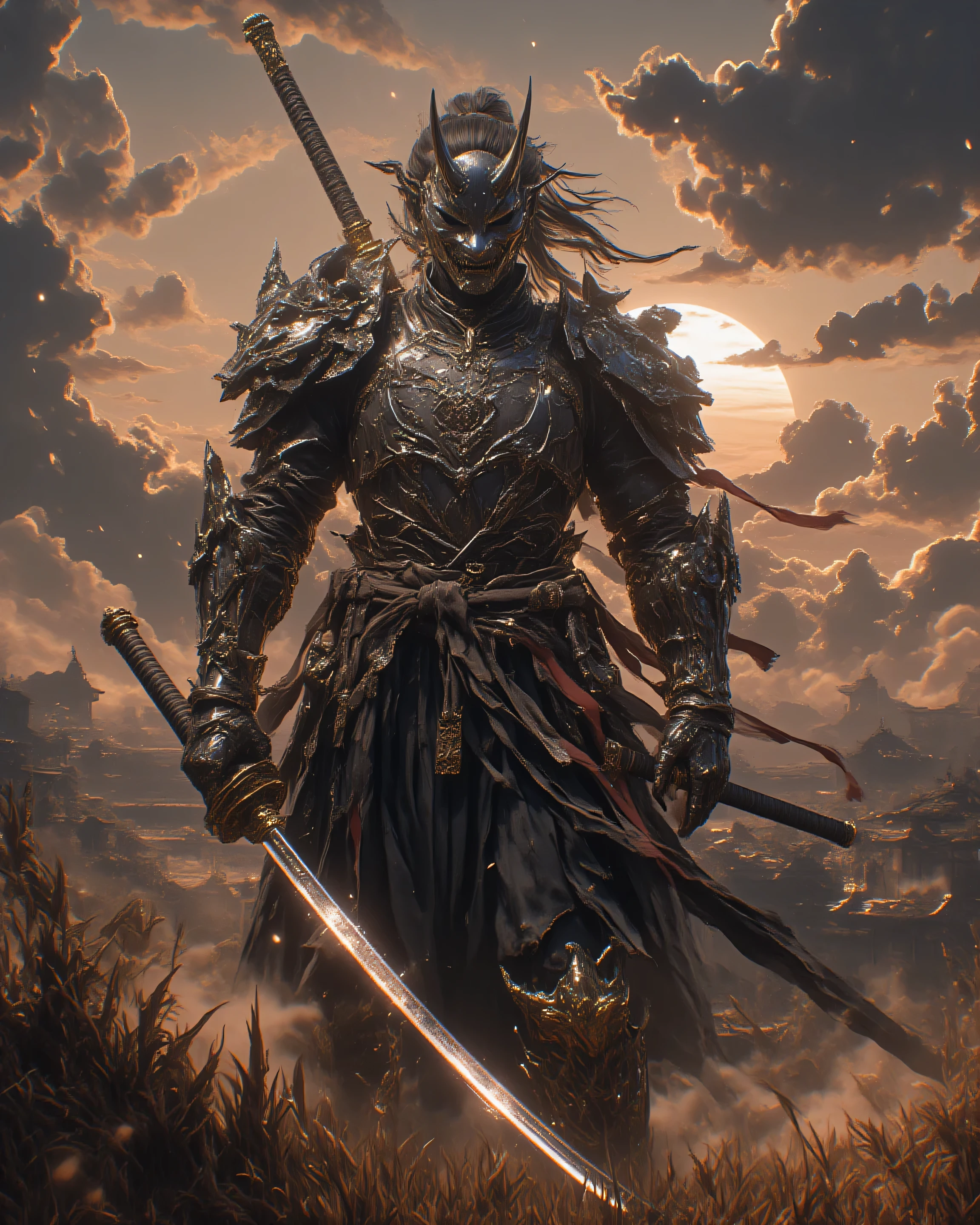 a samurai,(((Holding a Great Japanese Sword in One Hand)))A Samurai's Serious Expression,Smooth and Powerful Body Movement,Armor Shining in the Sun、large battlefield scenery in the distance,Dark Clouds,((Incredibly Powerful、Spirit))Battle Drum's Long Run,masterpiece,4K,very detailed,realistic,physical based rendering,professional,bright color,Dramatic Lighting,Intense atmosphere,Epic Scale,Dynamic Composition,Cinematic Color Grading