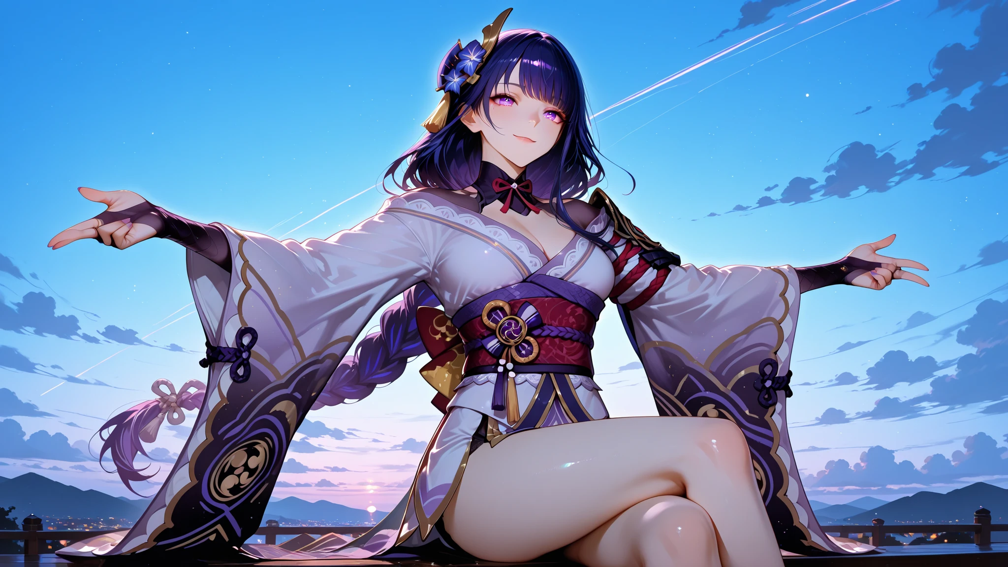 Raiden shogun, spread arms, off-centered, smile, clear sky, night, whimsical, aesthetic, cinematic, makoto shinkai style, w-shaped sit, hip, knee