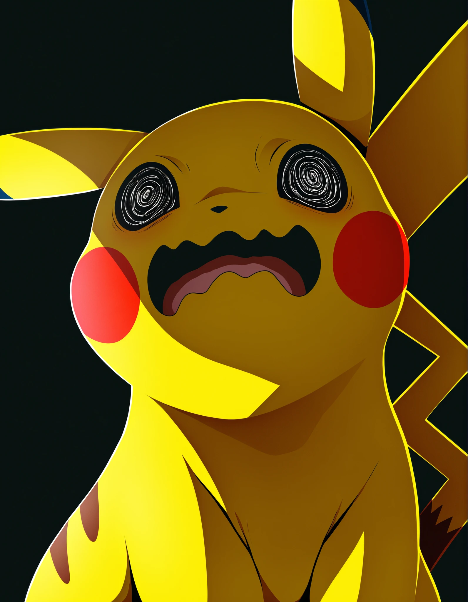 pearlyals 1girl, (solo:1.2), pokemon_\(species\), pikachu, face focus, crazy eyes, wavy mouth, mouth open, BREAK lazypos, lineless, best anatomy, HDR, 8K, high detail RAW color art, high contrast,