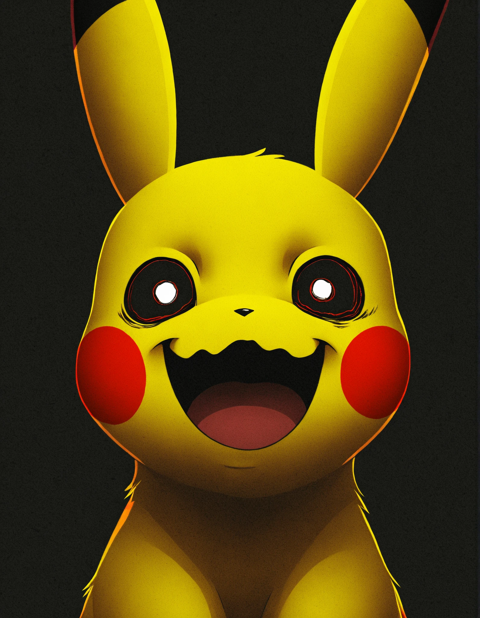 pearlyals 1girl, (solo:1.2), pokemon_\(species\), pikachu, face focus, crazy eyes, wavy mouth, mouth open, BREAK lazypos, lineless, best anatomy, HDR, 8K, high detail RAW color art, high contrast,
