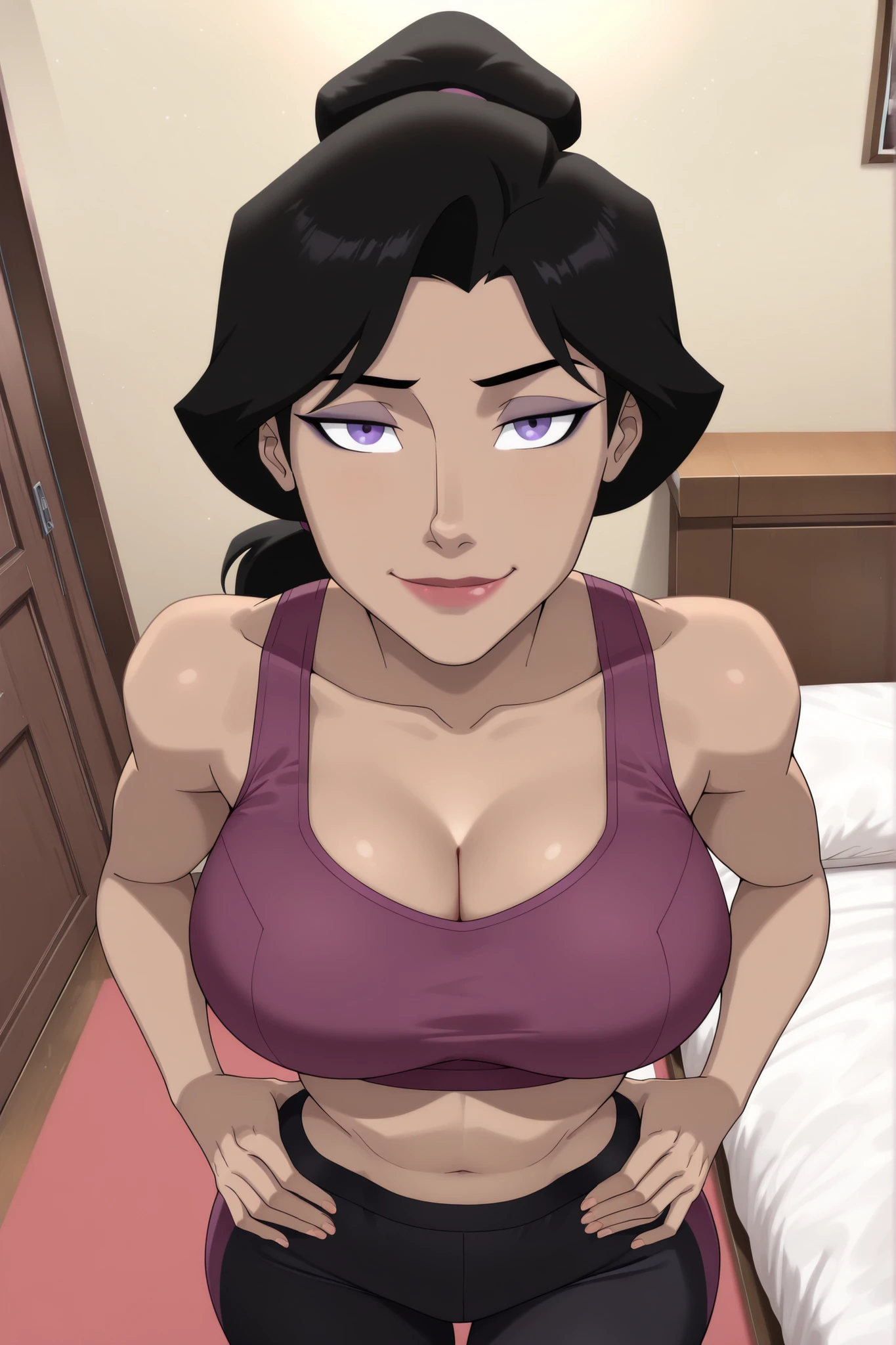 ((parody), perfect anatomy, perfect eyes) BREAK lois lane, black hair, ponytail, purple eyes, lipstick, makeup, ((looking at viewer)), large breasts, busty, cleavage, curvy, athletic, purple sports bra, black jogging pants, teasing viewer, seducing viewer, bedroom, indoors, standing, closeup, portrait, smiling, closed mouth, seductive expression, bedroom eyes, upper body, portrait, closeup, high-angle view, dark purple eyeshadow, black eyeliner, hands on waist