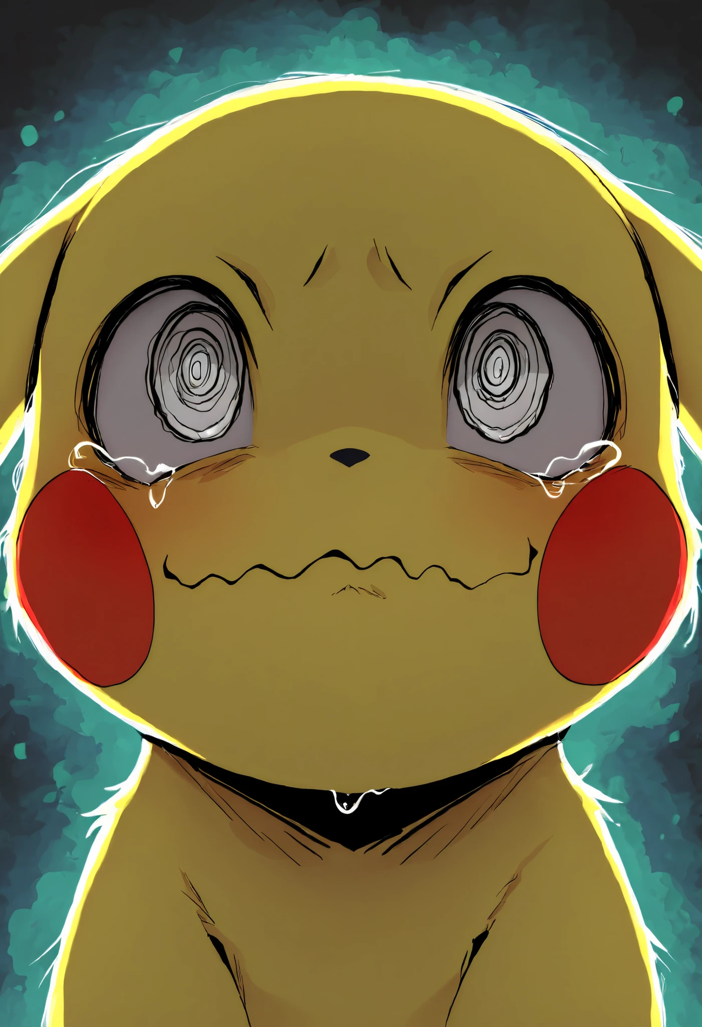 pearlyals 1girl, (solo:1.2), pokemon_\(species\), pikachu, face focus, crazy eyes, wavy mouth, mouth open, BREAK lazypos, lineless, best anatomy, HDR, 8K, high detail RAW color art, high contrast,