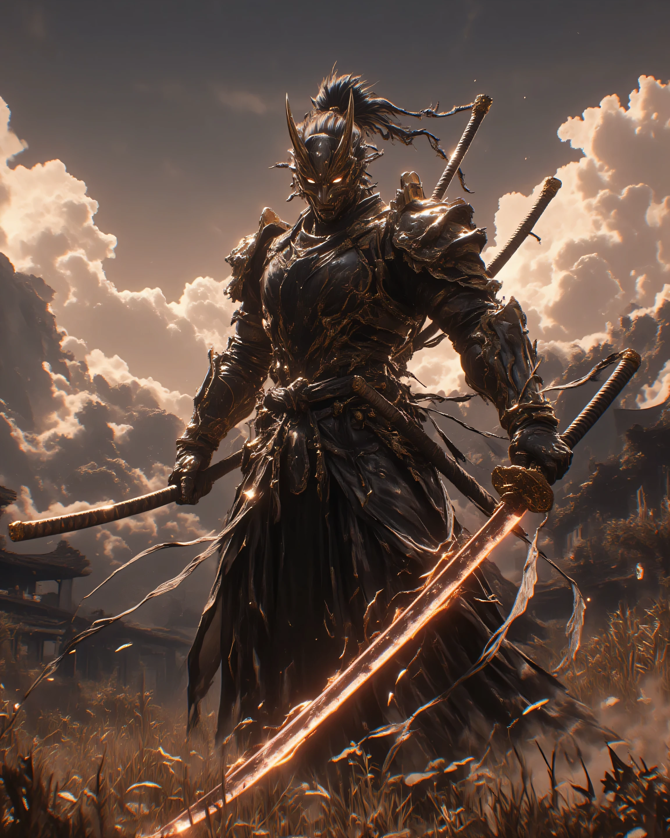 a samurai,(((Holding a Great Japanese Sword in One Hand)))A Samurai's Serious Expression,Smooth and Powerful Body Movement,Armor Shining in the Sun、large battlefield scenery in the distance,Dark Clouds,((Incredibly Powerful、Spirit))Battle Drum's Long Run,masterpiece,4K,very detailed,realistic,physical based rendering,professional,bright color,Dramatic Lighting,Intense atmosphere,Epic Scale,Dynamic Composition,Cinematic Color Grading