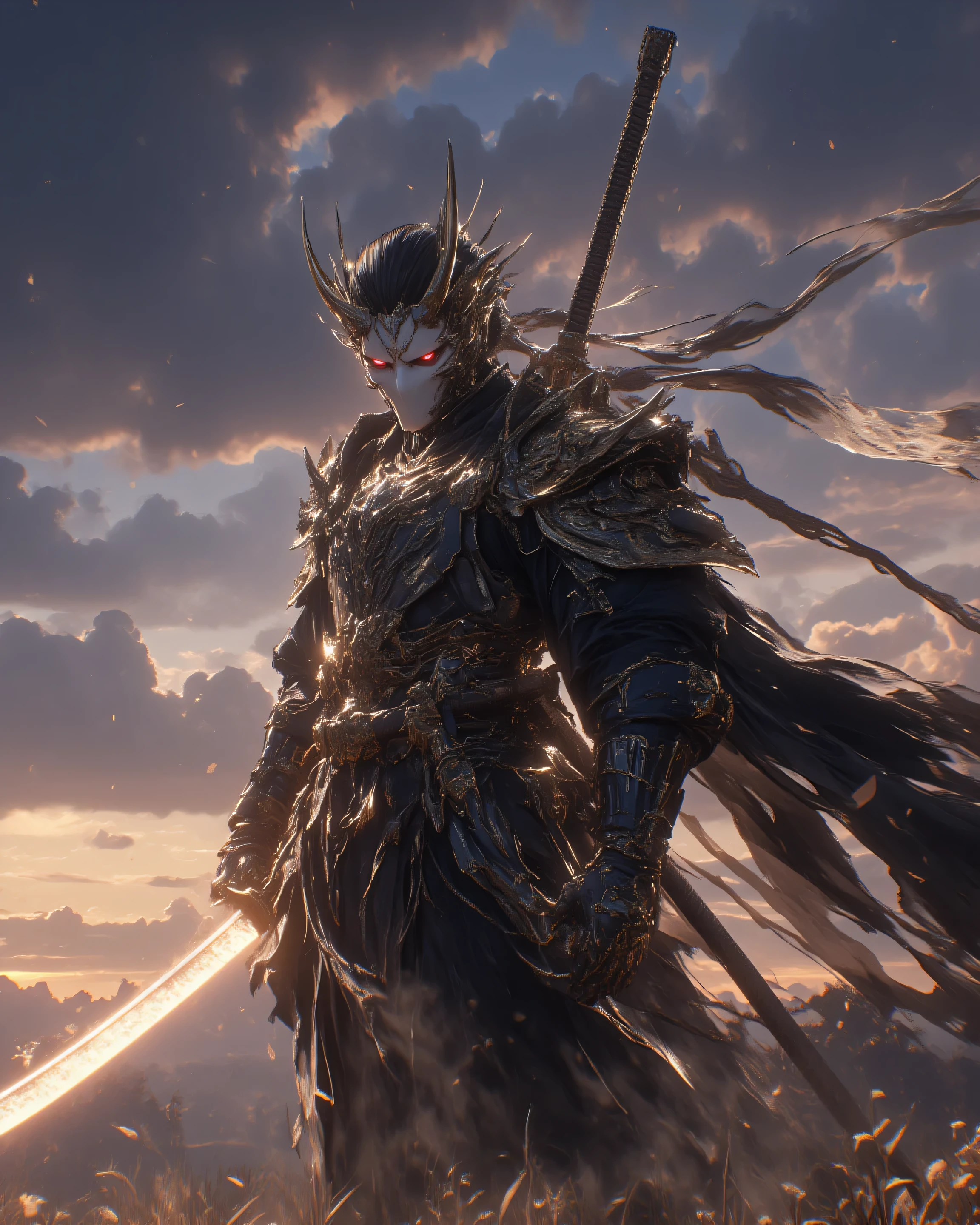 a samurai,(((Holding a Great Japanese Sword in One Hand)))A Samurai's Serious Expression,Smooth and Powerful Body Movement,Armor Shining in the Sun、large battlefield scenery in the distance,Dark Clouds,((Incredibly Powerful、Spirit))Battle Drum's Long Run,masterpiece,4K,very detailed,realistic,physical based rendering,professional,bright color,Dramatic Lighting,Intense atmosphere,Epic Scale,Dynamic Composition,Cinematic Color Grading