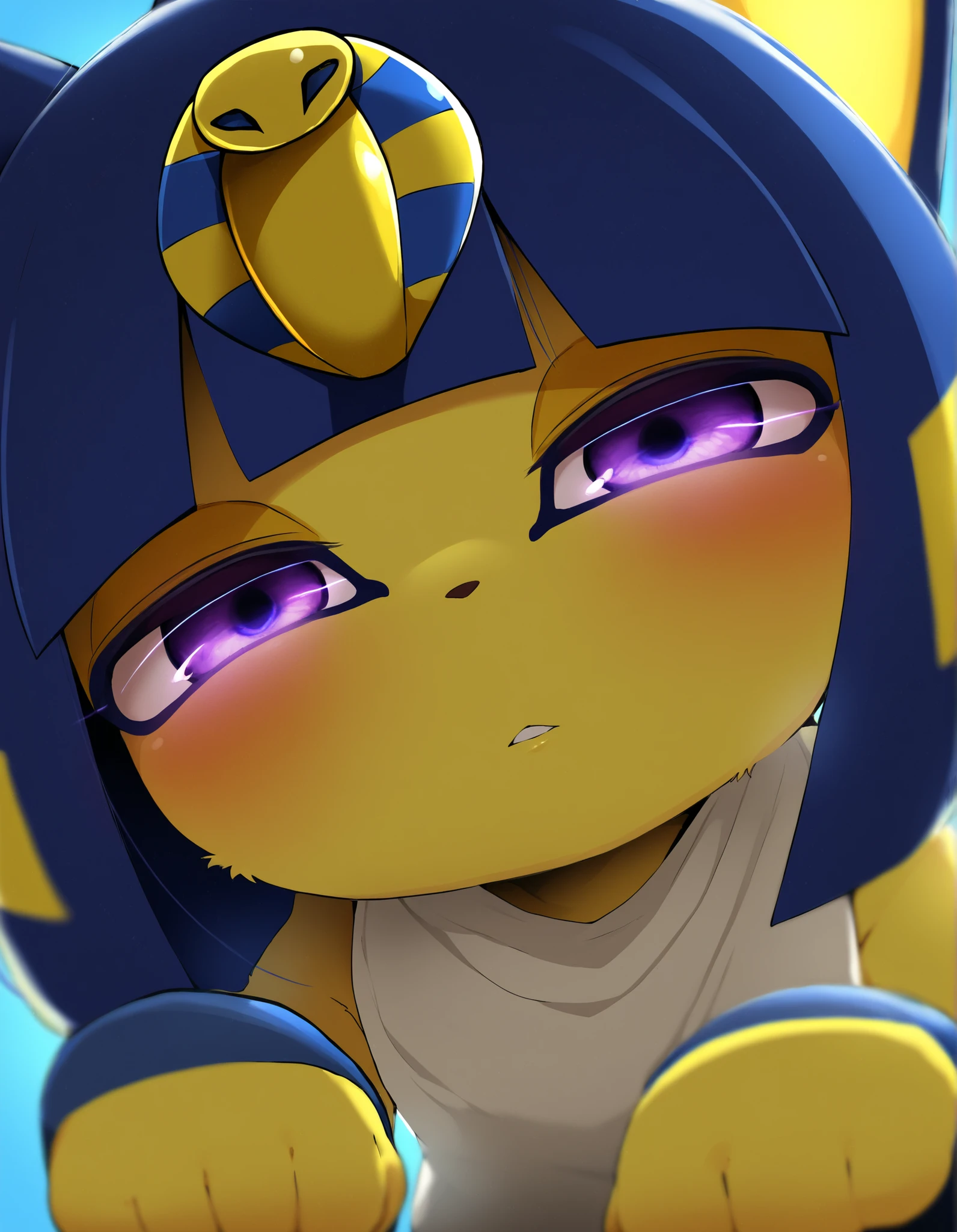 pearlyals,, depth of field, 1girl, furry, ankha \(animal crossing\), expressionless, eye reflection, yellow background, yellow theme, blue background, desert,, purple eyes, glowing eyes, wide-eyed, paw pose, looking at viewer, close-up, parted lips,
