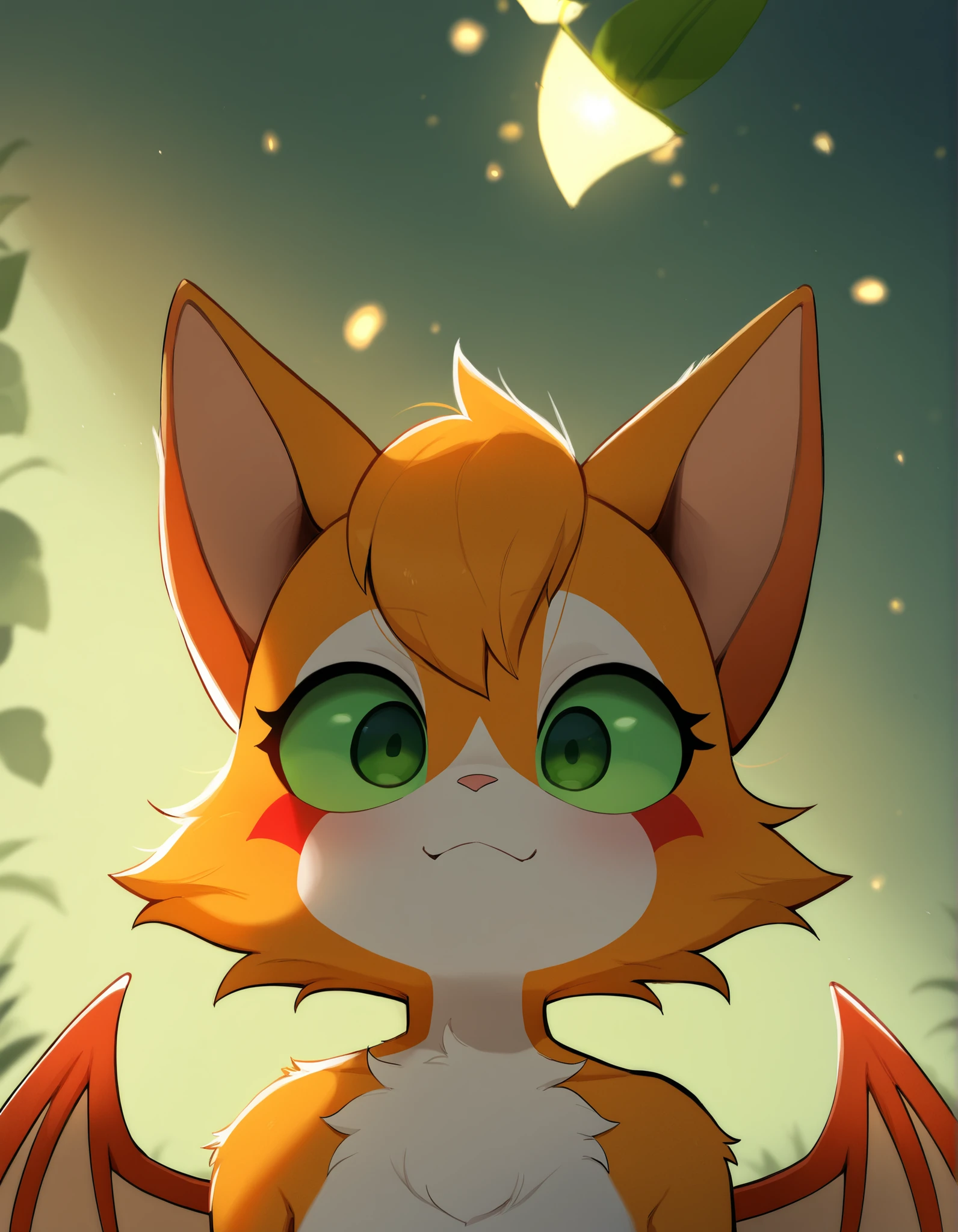 pearlyals,, masterpiece, best quality, very aesthetic, (1girl:0.7),, (solo:1.3), furry, fidget \(elysian tail\), nimbat, fidget_daet, anthro, furry female, wings, tail, green eyes, colored sclera, bat wings, facial markings, orange fur, white fur, two-tone fur,membranous wings, fluffy, portrait, big eyes, young, BREAK, masterpiece, best quality, high quality, particles effect, [:by Desubox:0.15], [:by Anchee, by Snowskau:0.55], detailed background, detailed foreground, subtle shadows, depth of field, backlighting, plant, nude