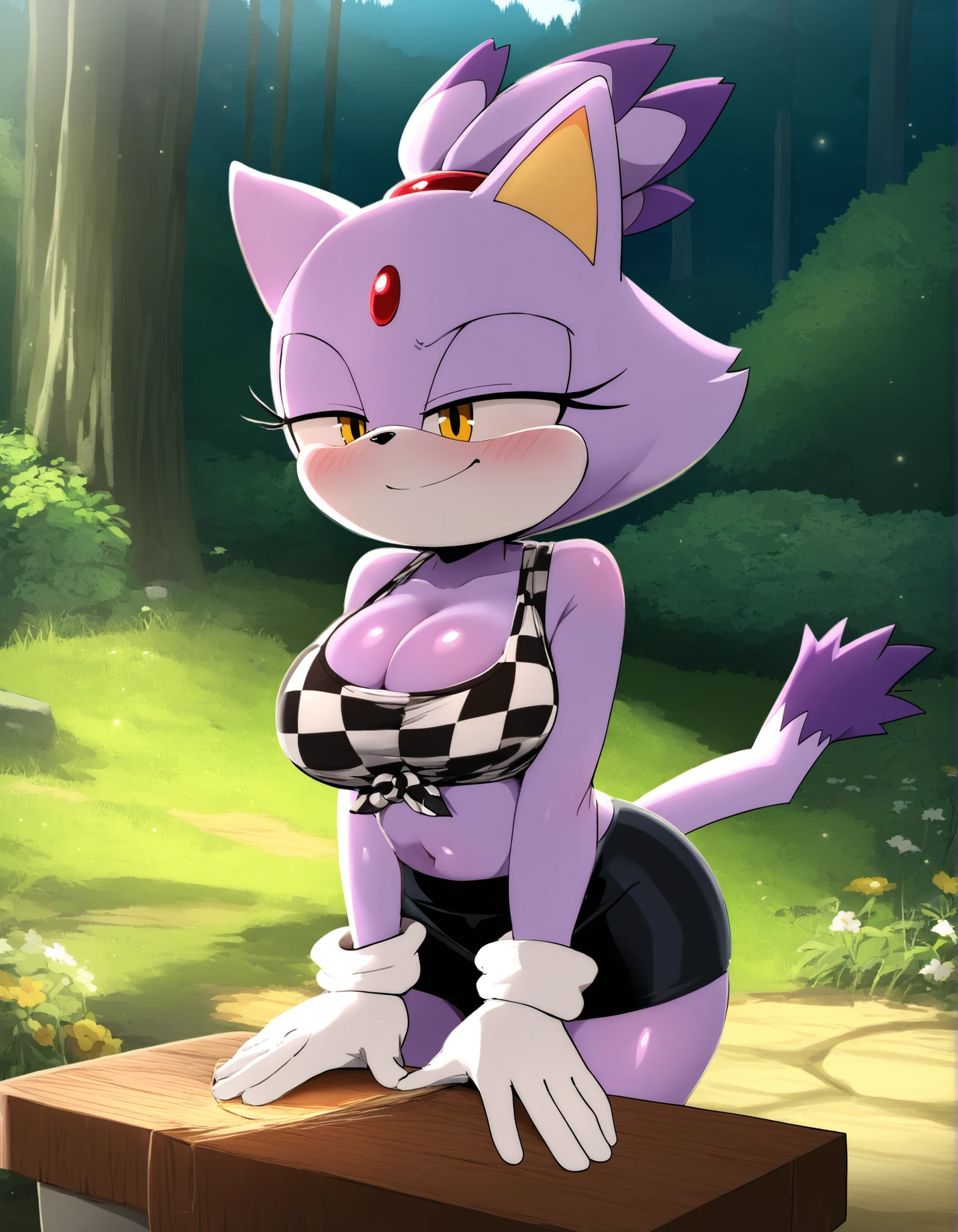 pearlyals,, solo, 1girl, blaze the cat, furry, shiny skin, short stack, (wide hips:0.8), white gloves, cleavage, black miniskirt, midriff, red checkered knotted top, tied shirt, BREAK smile, smug, BREAK night, forest background, (mountains:1.1), flower, wood chopping block, cowboy shot, BREAK masterpiece, amazing quality, best quality, very aesthetic, newest, absurdres, cinematic lighting, ambient occlusion, raytracing, colorglow, light shafts, light particles