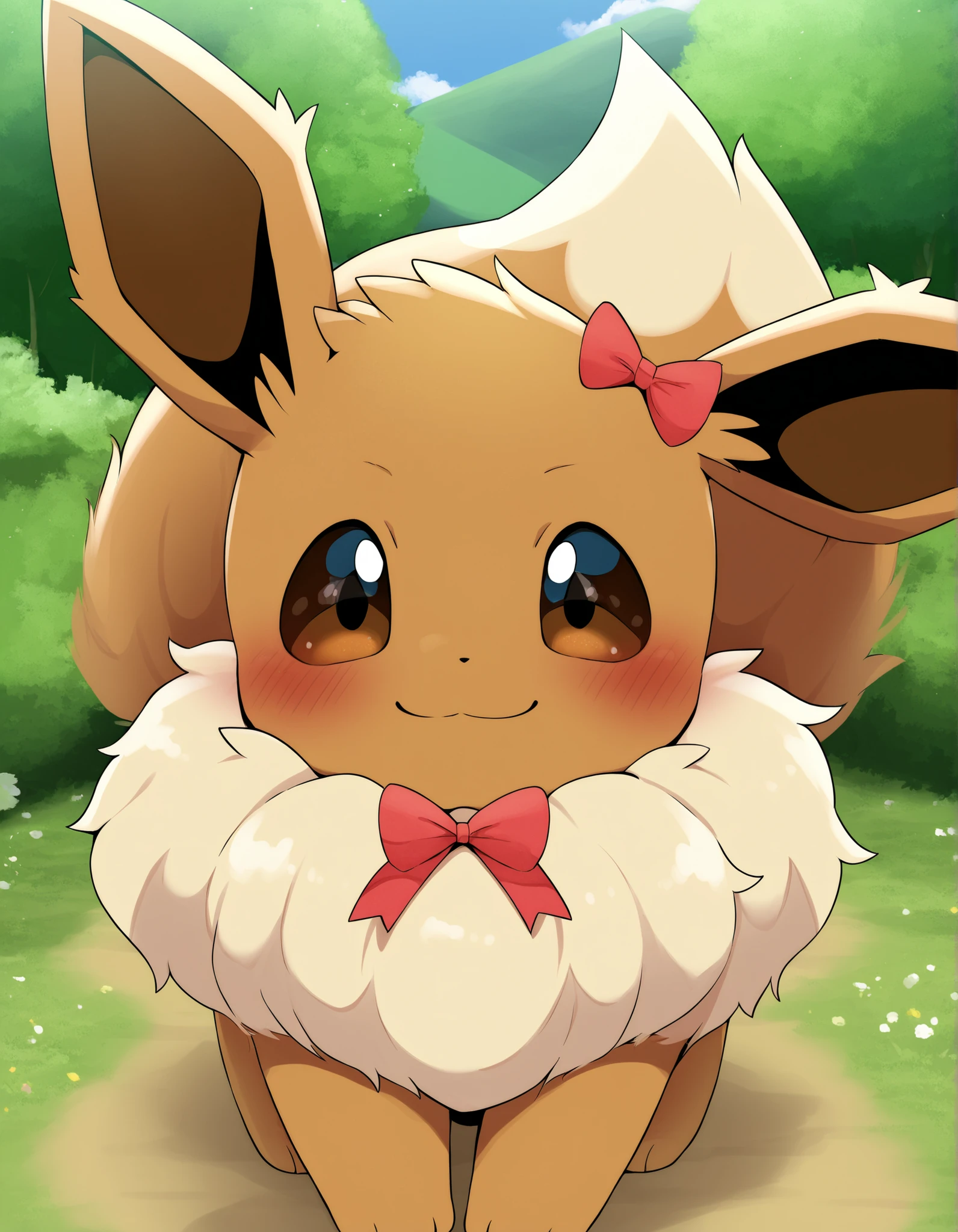 pearlyals,, pokekid, eevee, fluffy girl, furry girl, female, smile, smiling, has a big pretty bow in her hair, has animal paws for hands, 1girl, best quality, outdoors, high definition, cute,