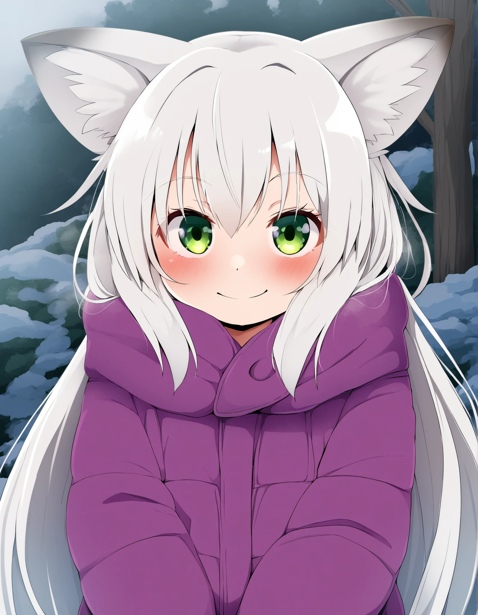 pearlyals,, anime, solo, BREAK, young fox girl, skinny and frail, (petite,cute:0.5), green eyes, looking at viewer, long hair, white hair, smile, winter clothes, outdoors, winte
