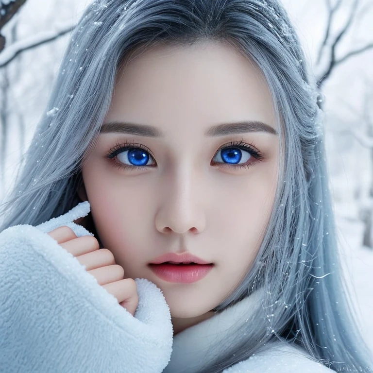 Beautiful girl, blue eyes, long curly white hair witg, detailed  traits, beautiful earrings, national turkic female dress,  breasts, yurta behind, it's snowing, sexy pose