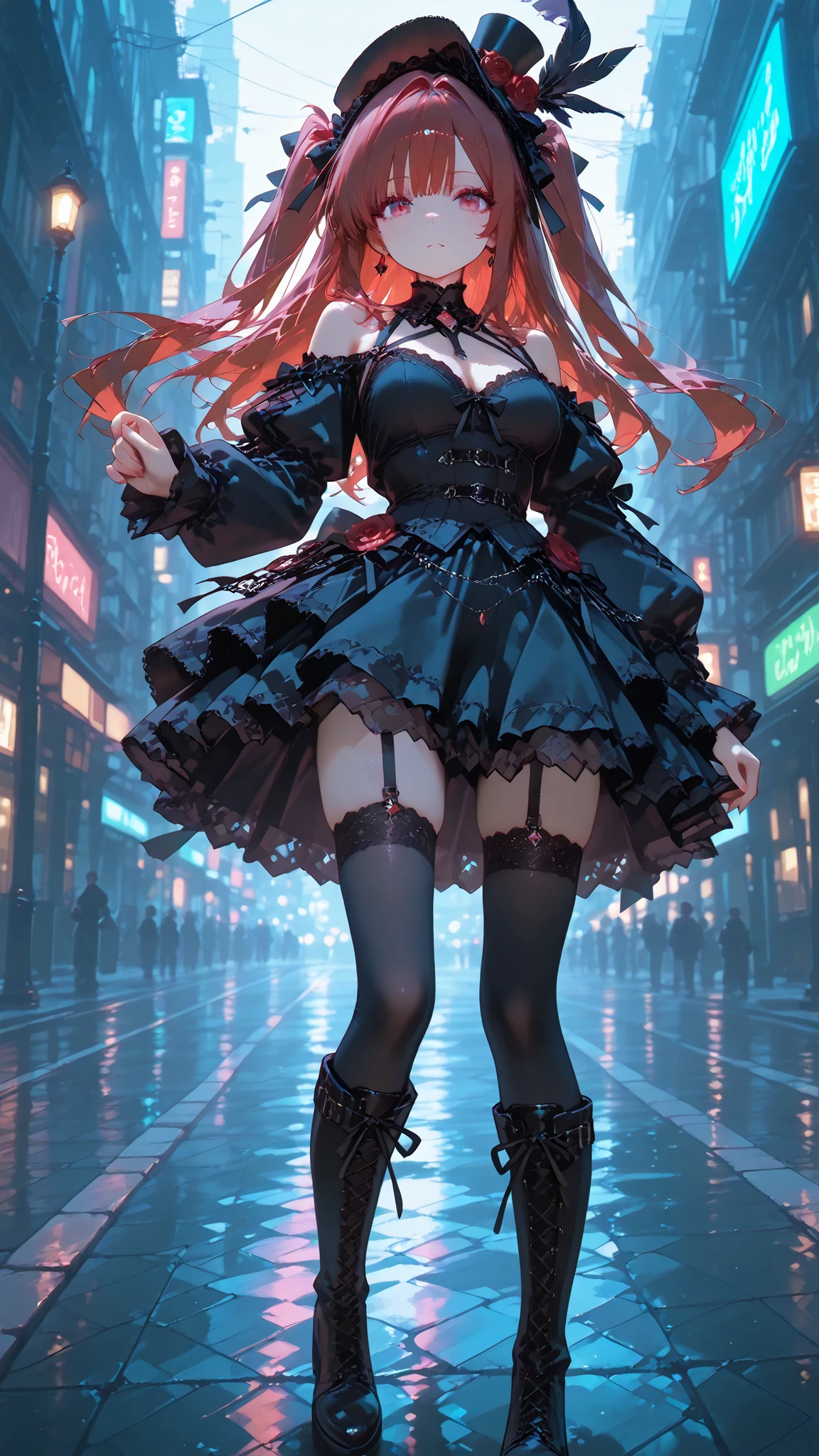 masterpiece, ultra high definition, gothic lolita fashion An urban night parade decorated with, intricate dresses adorned with delicate lace and black ribbons, costumes with vivid red and black contrasts, giant feather ornaments and decorative hats, precise corsets and lace-up boots, perfect makeup and long false eyelashes, futuristic gothic accessories incorporating LED lights, fantastic procession between skyscrapers, fantastic scenery illuminated by neon light, visual feast where traditional gothic elements intersect with modern urban culture