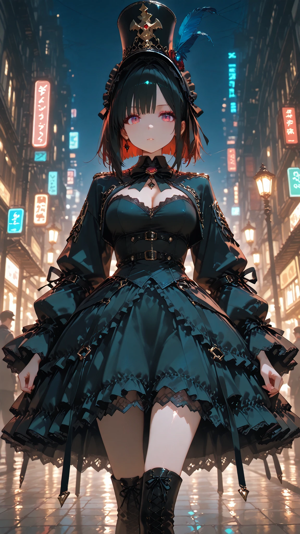 masterpiece, ultra high definition, gothic lolita fashion An urban night parade decorated with, intricate dresses adorned with delicate lace and black ribbons, costumes with vivid red and black contrasts, giant feather ornaments and decorative hats, precise corsets and lace-up boots, perfect makeup and long false eyelashes, futuristic gothic accessories incorporating LED lights, fantastic procession between skyscrapers, fantastic scenery illuminated by neon light, visual feast where traditional gothic elements intersect with modern urban culture