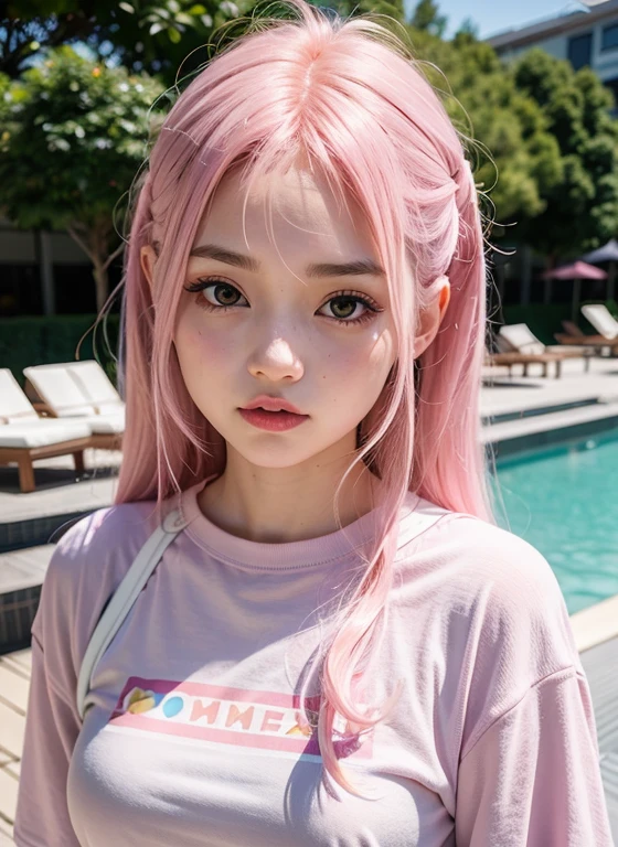 Light pink hair, pink eyes, pink and white, sakura leafs, vivid colors, white dress, paint splash, simple background, ray tracing, wavy hair