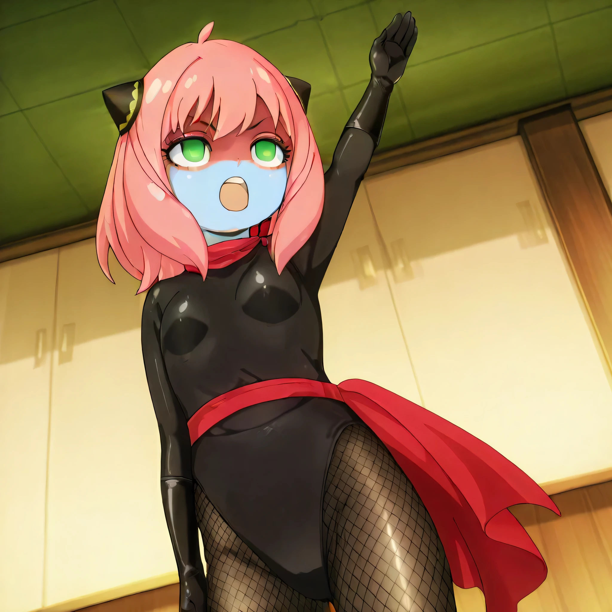 asterpiece))), (((Best Quality))), ((Super Detail)), ultra-High resolution, score_9,score_8_up,score_7_up,score_6_up,score_5_up,score_4_up, BREAK, source_anime, anime screencap, uncensored, Masterpiece, (best shadow), (absurdres), (detailed background), (very aesthetic), detailed beautiful eyes, outstanding, an exquisite animation illustration, curvy, highres, shiny clothing, dark persona, empty eyes, blank eyes, shocker, black leotard, latex elbow gloves, brown fishnet pantyhose, blue skin, colored skin, red sash, makeup, red skin, (((solo, 1girl))), hair ornament, seductive pose, submissive pose, anime style, anime coloring, animification, megami magazine, sexy pose, dynamic angle, cinematic angle, dutch angle, dynamic composition, small breast, Anya Forger (character), anya (spy x family), child, green eyes, pink hair, hairpods, medium_hair, ahoge, indoor, royal, classroom, school, western, serious, serious expression, open mouth, angry, salute, standing, standing at attention, standing still, looking ahead, shocker salute, hand up, arm up, speed line, motion line, powerful, roar, looking from below, view from below, from below