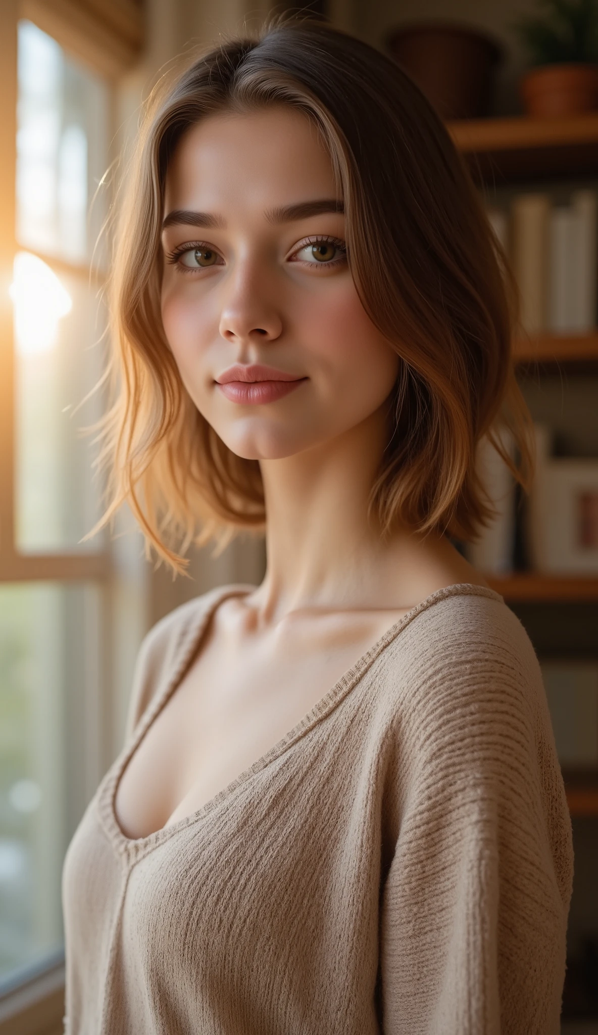 portrait of a beautiful young woman from bust up, standing indoors in a cozy warm home, soft ambient light coming from a nearby window, detailed hair strands slightly fluffy and natural, realistic skin texture, expressive captivating eyes, soft lips, subtle makeup, wearing a light sweater or casual blouse, background with blurred wooden furniture, warm tones, cinematic depth of field, volumetric lighting, emotional atmosphere, natural beauty, detailed eyes reflection, warm golden light, photorealistic, 8k, ultra detailed, shallow depth of field, masterpiece, realistic lens flare