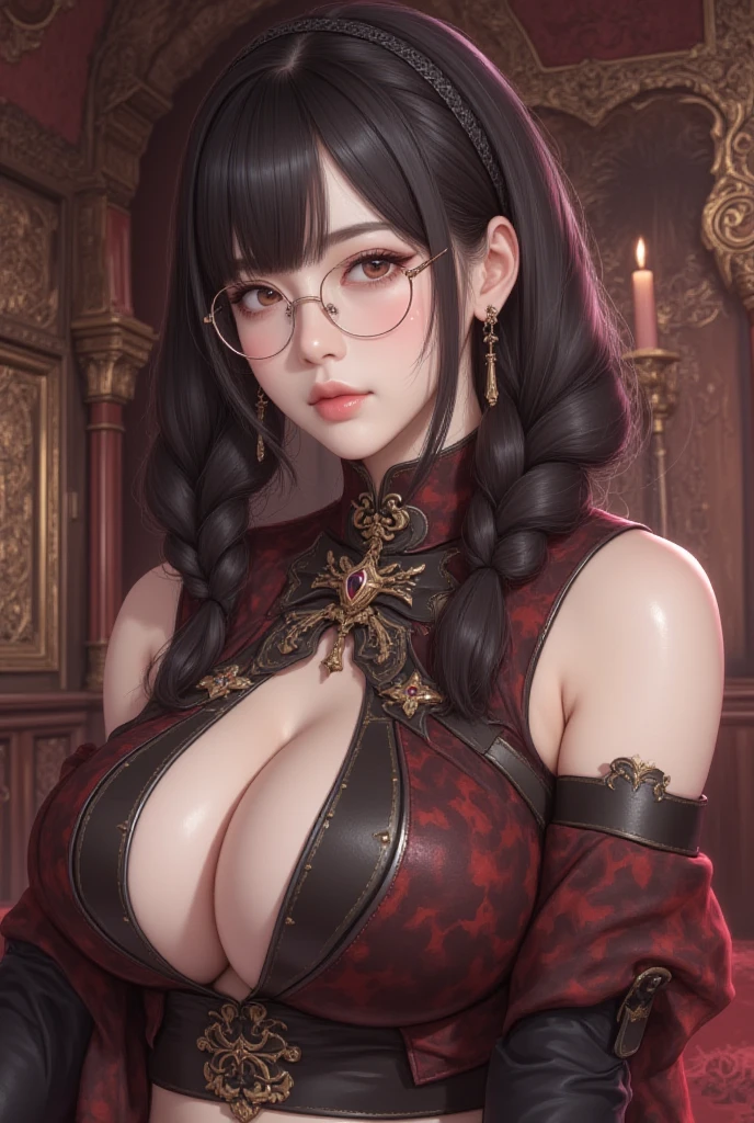 Fine、(The best illustrations)、8k UHD resolution、intricate-detail、top-quality、realisitic、ultra-detailliert、The best lighting、Best Shadows、Soft lighting、Ulutra HD、Ultra-realistic、Tindall Effect、Photorealsitic、(High Detail Skins:1.2)、 (Intricate details, makeup, pureerosface_v1:0.5), (Detailed beautiful delicate face, Detailed beautiful delicate eyes, A perfectly proportioned face, High detailed skin, Detailed skin, best ratio four finger and one thumb, arms below breasts, Tattoo with a red glow under the stomach、Awesome awesome, wide hips, smooth midriff, skiny and thin, __Fashion__, __hair__:1.25)、Digital SLR、 absurderes、1 beautiful devil woman from hell, surreal female portraits by David Hockney and Alphonse Mucha, Portrait of a  woman、Fantasy Art, Chinese Doll、Chinese actress、Dungeon、The dragon、Devil's Palace、Devil's  Chamber、natta、Dark style 、In the Dark、(Detailed spooky backgrounds:0.8), magia、 女の子1人、Evil Nun、Dark Necromancer、Succubus、Devil's Daughter、Umi Shinonome、Bat Wings，(((Demon Horns)))、 ((((Huge glasses, Otaku Glasses, thick glasses, Round glasses)))),(((Colossal tits)))、(Devil's Tail)、(red eyes glowing:1.6)、red eyes make up very sharp and detailed, The eyes are very well made up, ((Red Eye:1.0)),intricate tattoos, demonic intricate tattoos, thigh tattoos, body tattoos, ​masterpiece、The most beautiful face、a baby face、Charming smile、plump beautiful red lips、Muscular  body、The enchanting body of the devil、devil style、 Black Magic Costume、(((A shiny red snake is wrapped around her body)))、Longhaire、Braids、Black hair、Ponytail distortion、, Ponytail with a bow tied at the back of the hair, Beautiful expression、Body Up、Large breasts emphasis、Bust,  Super tight breasts, Breast augmentation surgery, The breasts are very big and round and round,Toned waist、Wide buttocks、 lowkey, cowboy lens, (red phoenix dress: 1.0),  devil crown,  Red sparkling gemstone necklace、Jewelry Gwise,  wearing black mesh socks,wearing a thin red and black