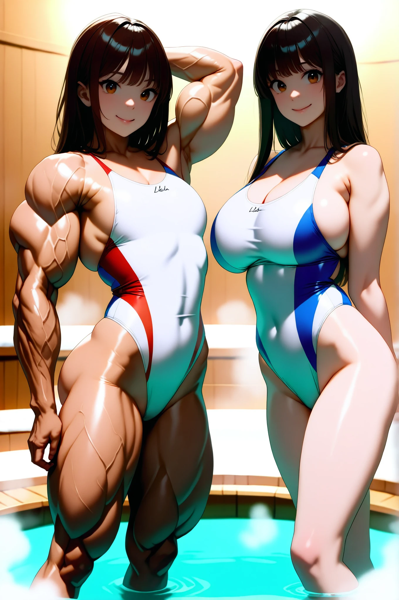 score_9, score_8_up , score_7_up , just describe what you want, tag1, tag2,official art, official style,anime capture, anime coloring, anime screenshot, game cg,illustration, necömi style,(masterpiece:1.5),(most detailed:1.5), (high resolution:1.5), (best quality:1.5),(perfect anatomy:1.5), (4K:1.3),(2 girls:1.3),(dynamic posing:1.5),(Various poses:1.5) , (Lala is flat chest on the left:1.5),(Lily is on the right:1.5),(mizuno competition swimsuit:1.5), both have brown hair:1.5, brown eyes,beautiful girl:1.3,(Lala is flat chest:1.5 and flat chest and flat chest and barrel-shaped body and big body and cylindrical body and muscular and brawny and beefy and toned body : 1.5),
(Lily is a huge breasts and boob and cleavage and glamorous and voluptuous and with natural bangs: 1.5) ,( Japanese hot springs, sauna, Wooden chairs, dim lighting, steam, fog , sauna plants : 1.3 ),smile:1.3,