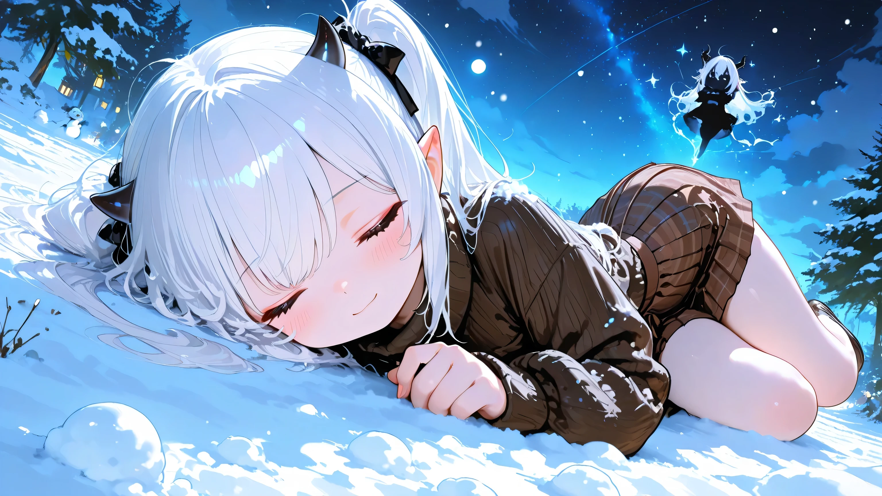 (masterpiece:1 . 2 , best quality) , (beautifully detailed eye: 1 . 2) , (beautiful detailed face) , portrait , full body , A silhouette of a Cute, girls、, lying down, dynamic angle, Highest Quality, Watercolor Expression, Fantasy Life, Demon Girl, fitted deep V ribbed turtleneck sweater, stylish high-waisted Burberry pleated mini skirt in classic brown check,( Twintail hair , long hair , white hair , Small Horns and Pointed Ears, Eyes closed), Snow Scene, night, night sky, outdoors, five fingers.