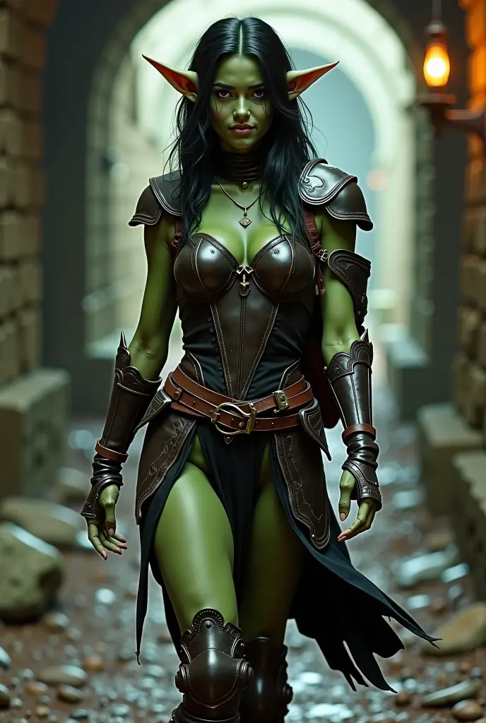 Goblin, female, long black hair, red armor, black robes over the armor, green skin, yellow eyes, attractive, skulls on the robes, armor under the robes