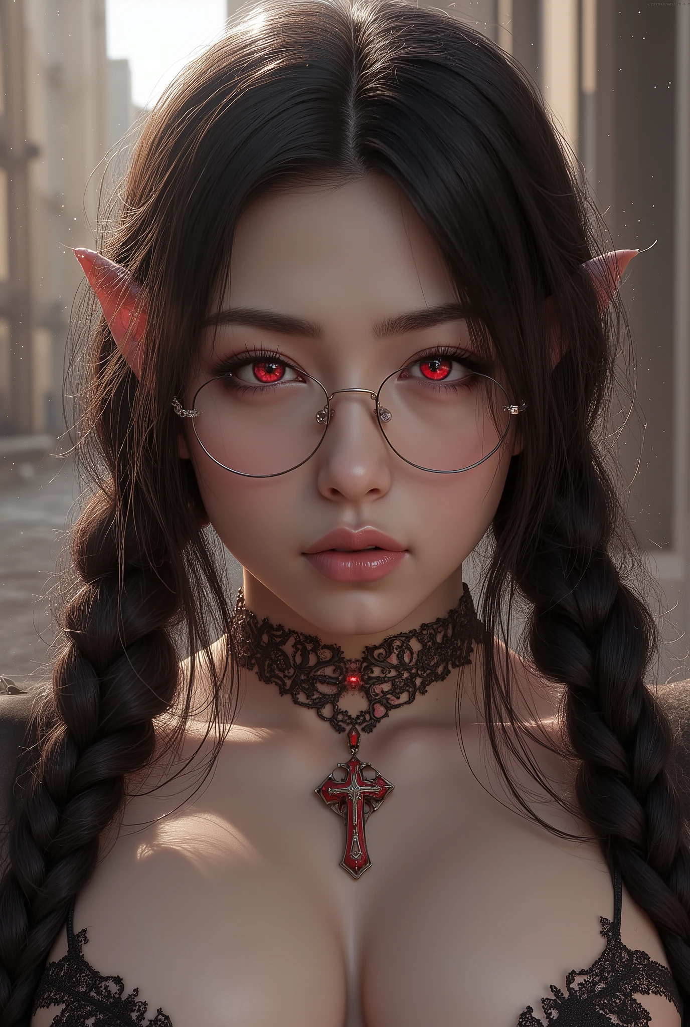 (  Highest Quality, best illustrations,high image quality:1.2), (Horror Fantasy:1.5), (ink and watercolor:1.5),(Ominous Scenery   :1.5),(A lot of dust rises:1.5),(  Dirt Track   :1.5),(wonderful:1.5),(masterpiece:1.5),  (Powerful figures:1.1、Big Breasts:1.3) 、 ((((glasses、Closeup Shot, cute、 Red Eyes、 Evil Ruby's Cursed Necklace )))),(((glasses、Big Breasts、  braids)))、  cute face,  raise eyebrows , ,(Fatal Beauty,  charming beauty ) ,(Mysterious Charm:1.1),(Big Breasts、attractive silhouette),   high image qualityテクスチャ 、High Quality Shadows、   beautiful and delicate face   、 beautiful, delicate, eyes are sticky liquid dripping  、 ray tracing 、 20th Generation、 cute K-POP girl、( The Face of Korea )、Thin face、( Ulzan-6500-v1.1:0.6)、   Face of Pure Loss   _v1 , ( beautiful and delicate face ,  beautiful and delicate eyes,  perfectly balanced face ,  high image quality skin ,  detailed skin,  lens flares {x} perfect ratio 4 fingers to 1 thumb :1.25)、 DSLRs、   地獄から来たbeautiful悪魔女  ,    ATTRACTIVE GIRL  , Real Girls, Gurwitz,  Gurwitz-style Artwork , Girl Roleplay, Realistic 3d style, cgstation Popular Topics,,  8k portrait rendering BYMR. nomi ,（truth,truth:1.4,glassesの少女  :1.2)、cheek、 glossy lips, 1. オーバーサイズ comment:  comment、 come up with an oversized design that covers shoulder to knee.。 navy blue or black are standard colors .、[ Soft khaki or beige , wait.、 Pick the right color for the season 。 2.    choose the color that suits your skin    : To protect yourself from the cold、    choose the color that suits your skin   、 ニットの質感と色を commentに合わせてください .。 3. ワイドレッグ   pants:    pants,  choose a wide leg design 、combines mobility and style。Dark tone denim or black   pants look great.。 4. knee-high boots: オーバーサイズ commentに含まれるもの、boots are black or dark brown Match the texture and color of the fashionable.、  Gives a stylish impression  。 5. accessories:   The  。  Disney  、   long necklace  、6. handbag: handbag、let's match the color of your outfit.