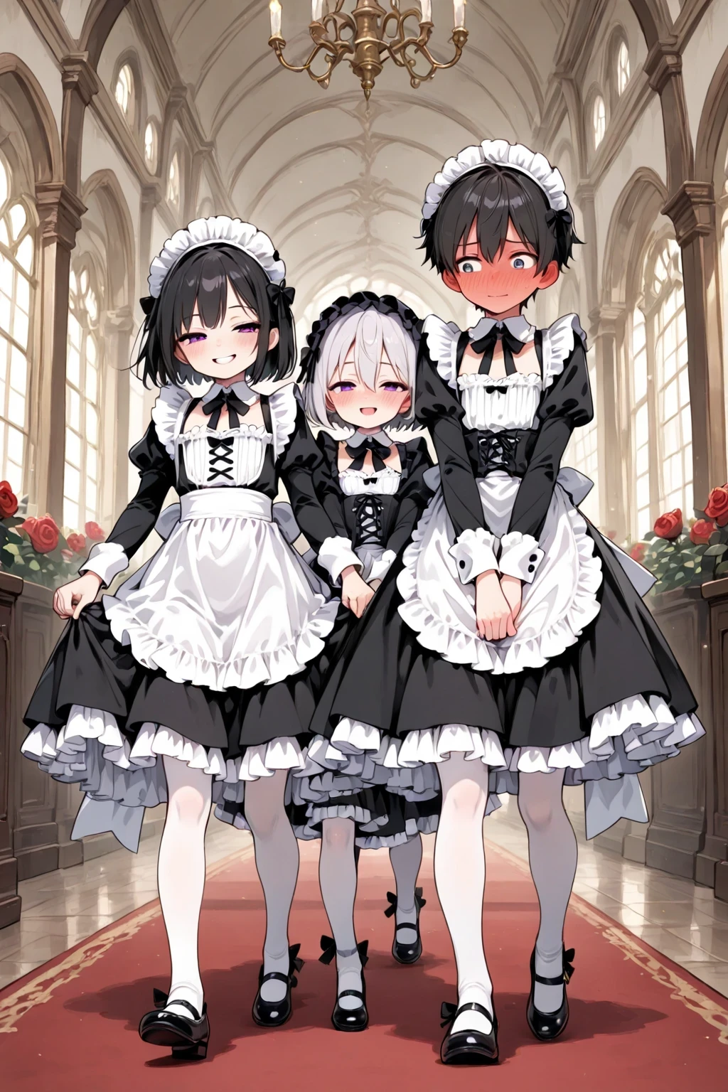 slightly low angle, height difference, teenage boy walking, short hair, flat chest, crossdressing, wearing gothic classic maid outfit with many frill and tiered gothic skirt, maid headdress, half-closed eyes, full-face blush:1.3, embarrassed,
two female girls maid wearing gothic classic uniform in background, smiling warmly, walking along, looking at him with giggle,
gothic hallway, rose