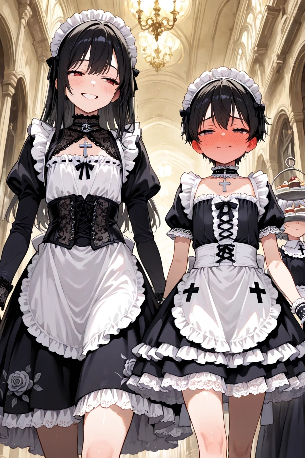 slightly low angle, height difference, close up, full-face blush teenage boy with embarrassed, half-closed eyes, walking, short hair, flat chest, crossdressing, wearing gothic classic maid outfit with black velvet fabric, high-neck lace collar, corset bodice, puffed sleeves with lace cuffs, many frill and tiered ruffle skirt in deep crimson and black layers, silver cross pendant, lace-trimmed apron, maid headdress,
two female girls maid with long hair in background, smiling warmly, walking along, looking at him with giggle,
gothic hallway, rose