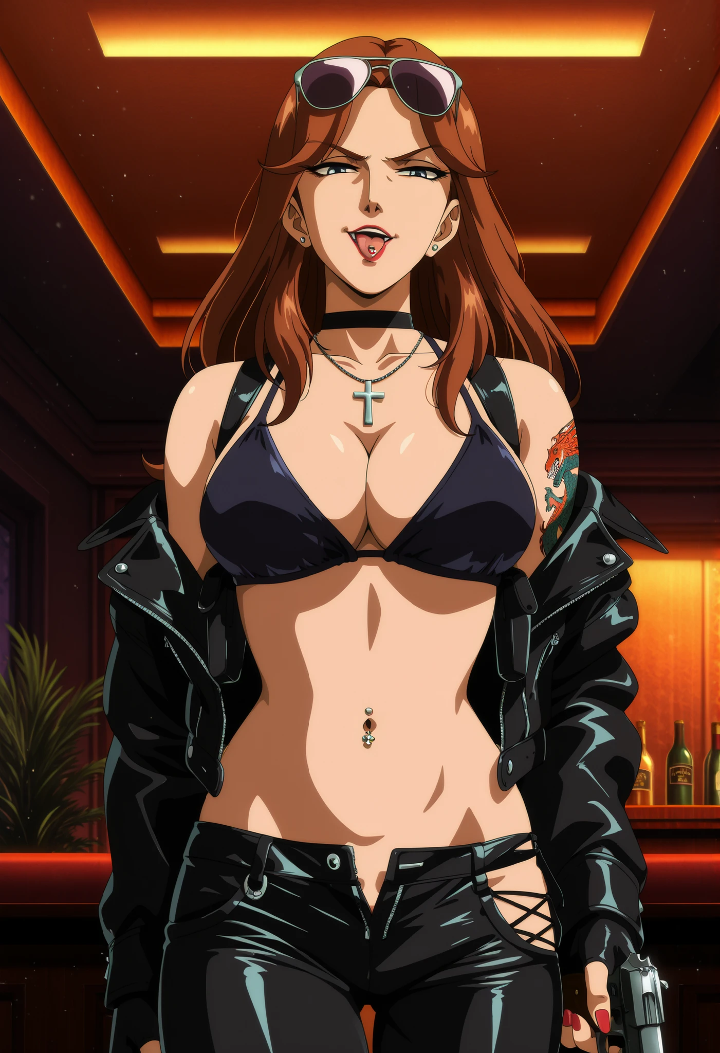 1girl,solo,mm,mature female,brown hair,long hair,lipstick,retro artstyle,anime coloring,
 parted lips, looking at viewer, , nail polish , , makeup , ear piercing , long hair , lipstick , Hot girl , baddie , smoking , sensual , attractive , choker ,cross necklace,  bar background, inside bar, indoors, casino, shoulder holster, ,, navel piercing, sunglasses on head , solo , jacket , bare shoulders , , leather pants , , , fingerless gloves , leather , cowboy shot , masterpiece , best quality , highly detailed , a girls with a gun , evil smile , open mouth , sexy gaze , badass pose , evil smile , smile , (nsfw) not safe for work , guns blazing , anime girl with long hair , beautiful long haired girl , navel , evil expression , exposed belly , exposed navel , exposed midriff , exposed lower belly , long black pants , cleavage , unbuttoned leather pants , open fly , low rise black leather pants , leather jacket , holding a gun , holding pistol , unbuttoned shirt , collared shirt , knot , pull_down leather pants , (show off panties , :1 . 2 , no panties) , pull_down long black pants , pull_down black leather pants , zip up leather jacket , bikini top , navel piercing , cross-laced slit , tongue piercing , tongue out , open mouth , clitoris piercing , large breast , looking at viewer , dragon tattoo on waist , narrowed eyes , tattoo on waist , anipai_style , anime screencap , anime coloring , v-shape eyebrows