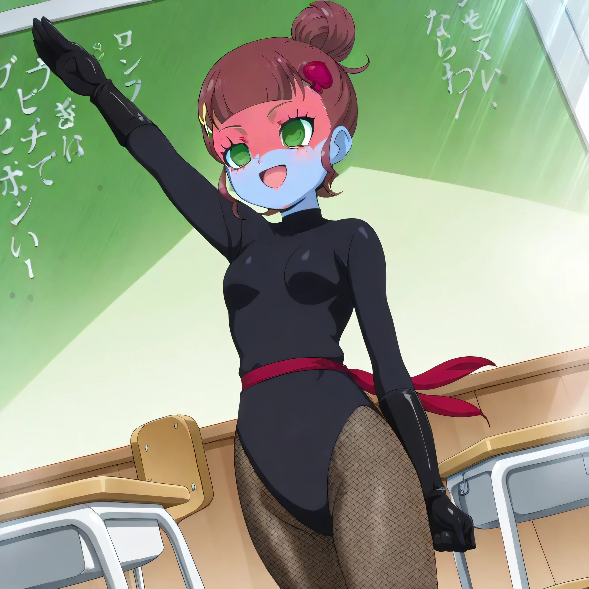 (((Masterpiece))), (((Best Quality))), ((Super Detail)), ultra-High resolution, score_9,score_8_up,score_7_up,score_6_up,score_5_up,score_4_up, BREAK, source_anime, anime screencap, uncensored, Masterpiece, (best shadow), (absurdres), (detailed background), (very aesthetic), detailed beautiful eyes, outstanding, an exquisite animation illustration, curvy, highres, shiny clothing, dark persona, empty eyes, blank eyes, shocker, black leotard, latex elbow gloves, brown fishnet pantyhose, blue skin, colored skin, red sash, makeup, red skin, (((solo, 1girl))), hair ornament, pose, submissive pose, anime style, anime coloring, animification, megami magazine, pose, dynamic angle, cinematic angle, dutch angle, dynamic composition, small , zzChonoHikari, green eyes, brown hair, heart, heart hair ornament, hairclip, hair bun, short hair, single hair bun, x hair ornament, dynamic pose, smile, happy, cute, cute smile, cute pose, open mouth, Japanese, indoor, school, classroom, desk, chair, dappled light, sunbeam, wind, windy, elegant pose, calm expression, delicate features, soft lighting, warm lighting, window light, salute, standing, standing at attention, standing still, looking ahead, shocker salute, hand up, arm up, speed line, motion line, powerful, roar
