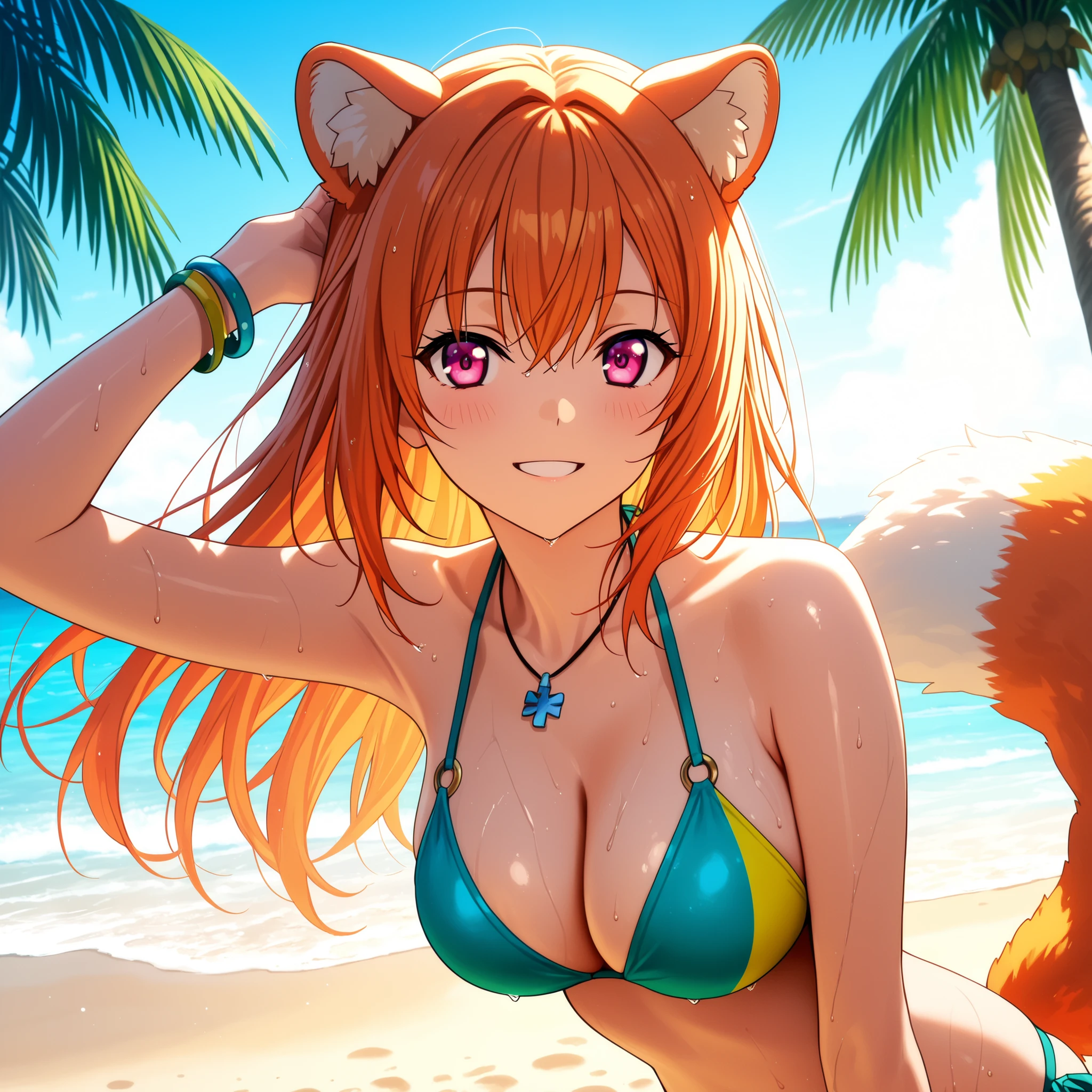 Honami Ichinose from Classroom of the Elite, reimagined with orange hair, soft raccoon ears, and a fluffy tail. Her pink eyes and sweet smile give her an innocent and friendly charm. She has a slender figure and a generous bust. She wears a stylish bikini inspired by the colors of the Russian flag—red, white, and blue—complemented by simple bracelets and a small necklace. She runs joyfully along a bright Brazilian tropical beach, with white sand, calm turquoise waters, and palm trees swaying under the blue sky. Sunlight reflects off the wet sand, and her hair shines softly in the sea breeze. Anime-style illustration, full-body view, highly detailed lighting and reflections, natural skin texture, vibrant and balanced colors, aesthetic composition, 4K resolution.