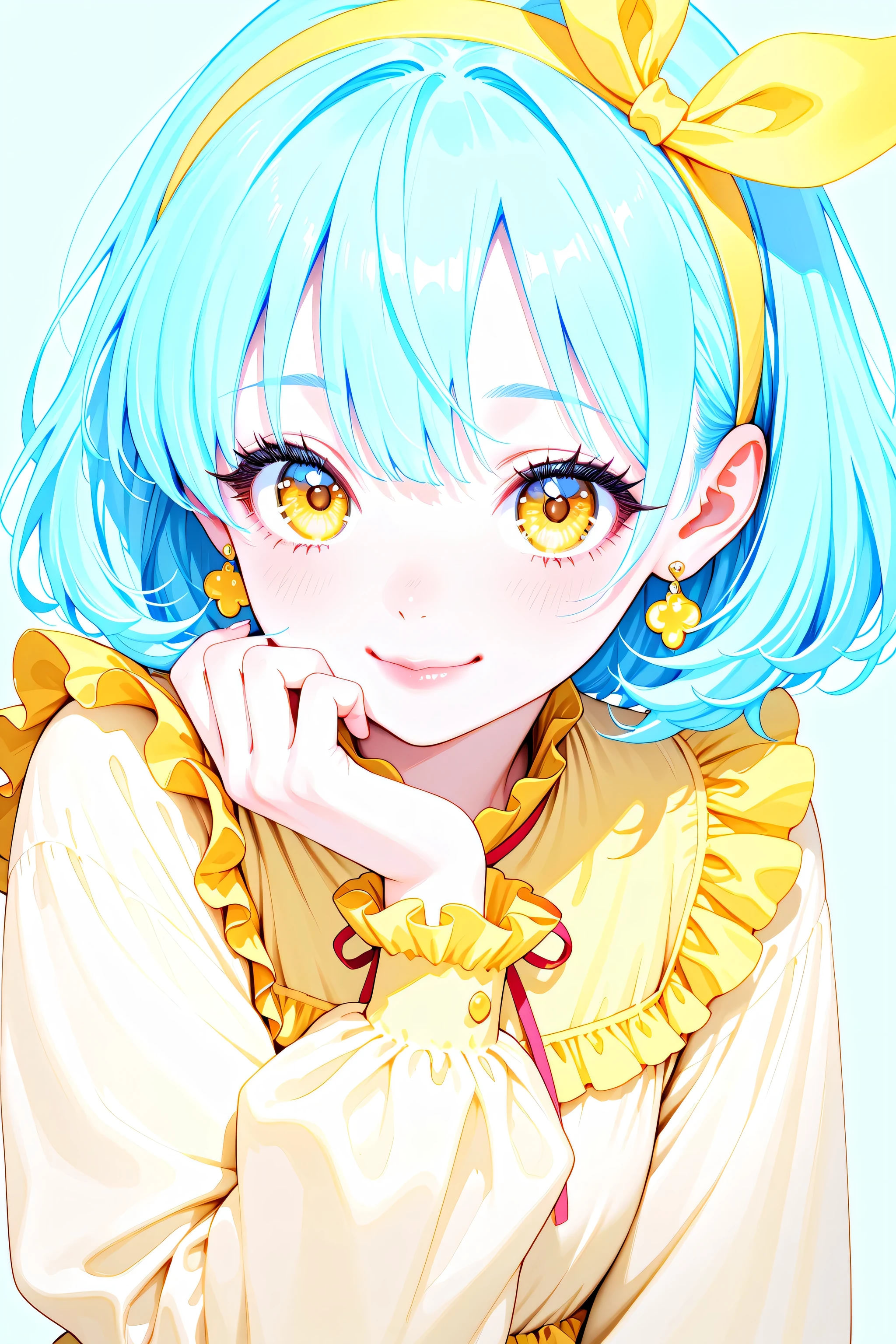 Good mood、Smile、earrings、round eyes、big eyes、yellow eyes、、masterpiece,Highest Quality,super detailed,8k,cute girl　 eyelashes yellow ruffle long sleeve dress　 light blue hair　The hair band has a small ribbon　、pink lips　、watercolor、white skin、looks like an adult