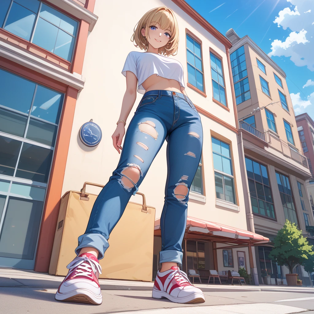 8K high quality，1 pretty girl，Short sleeve，Denim skirt