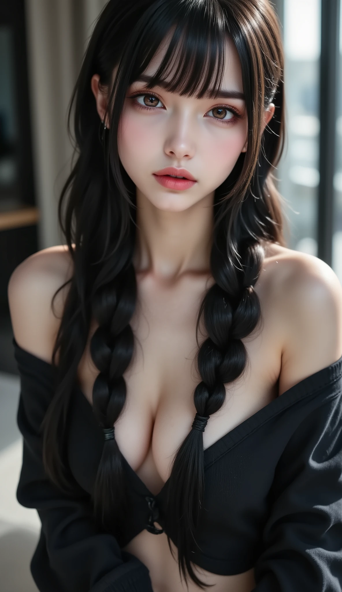 professional fashion model ,  model photography ,  Dynamic Composition,  charming and surprising angles,  professional camera work ,  and above; the highest quality,  pull out a huge penis with a very sophisticated,  realistic skin texture , Ultra HD,  high definition, correct, 해부학적으로 correct, masterpiece, Premier,  beautiful hair,  Black clothes, face up,smile,  Blurry Background ,  DROP SHADOW,  corrosive material,  cinematic lighting effects ,  ray tracing , 8K octane, Filming technique 